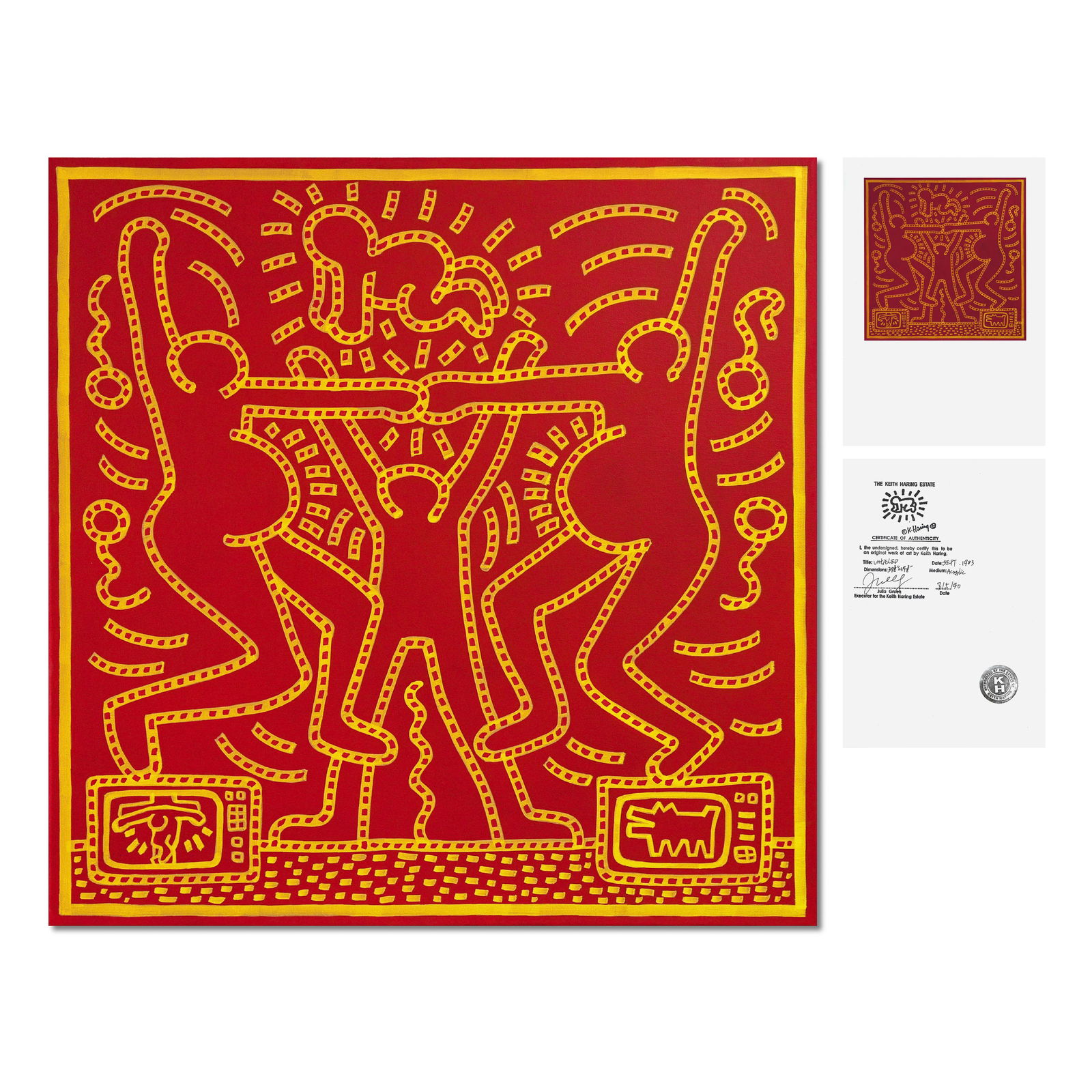 KEITH HARING (1958-1990), ATTRIBUTED TO, ACRYLIC ON CANVAS (1 of 2)