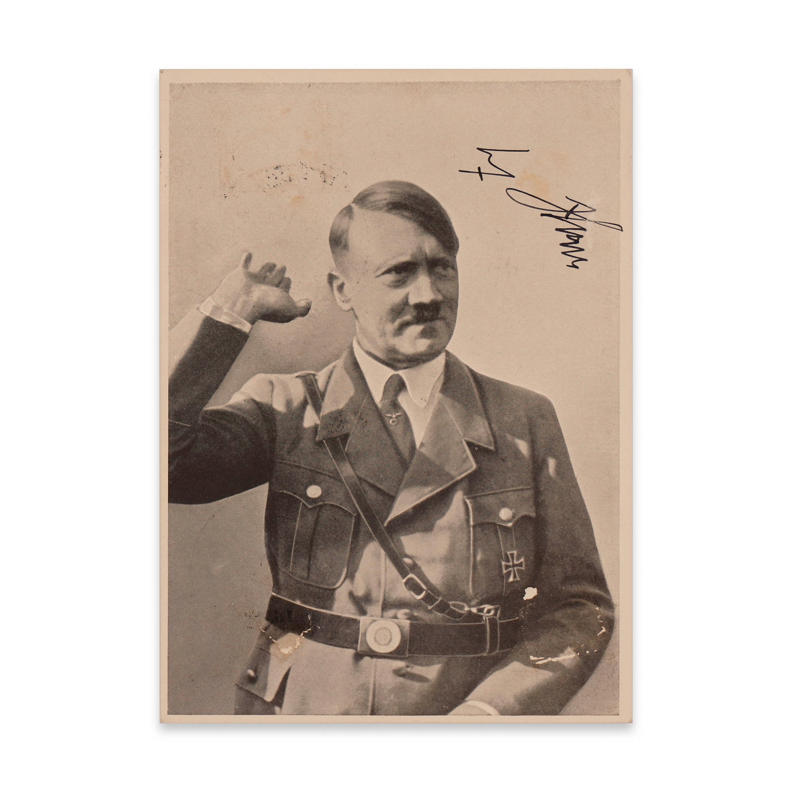 ADOLF HITLER SIGNED POSTCARD FEATURING PHOTOGRAPH AND NAZI POSTAGE, DATED 1938: 5 3/4 x 4 1/8 in (14.7 x 10.4 cm) Provenance and Authentication: This collectible has undergone a rigorous forensic evaluation. The signatures were carefully analyzed across multiple criteria, includi