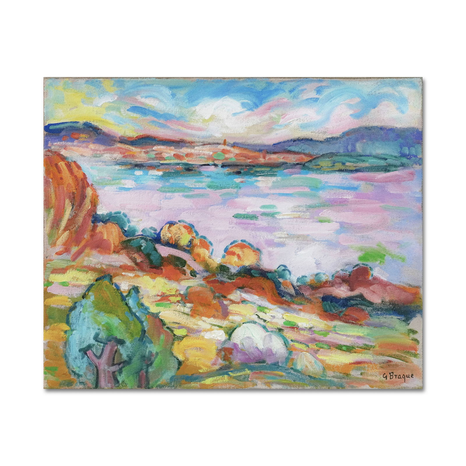 GEORGES BRAQUE (1882-1963), ATTRIBUTED TO, OIL ON CANVAS: Image dimensions: 51 x 62 cm (20 x 24 1/2 in) Signed (lower right) This early work by Georges Braque, titled "Baie de Marseille", offers a radiant example of the artist's brief yet profound engagement