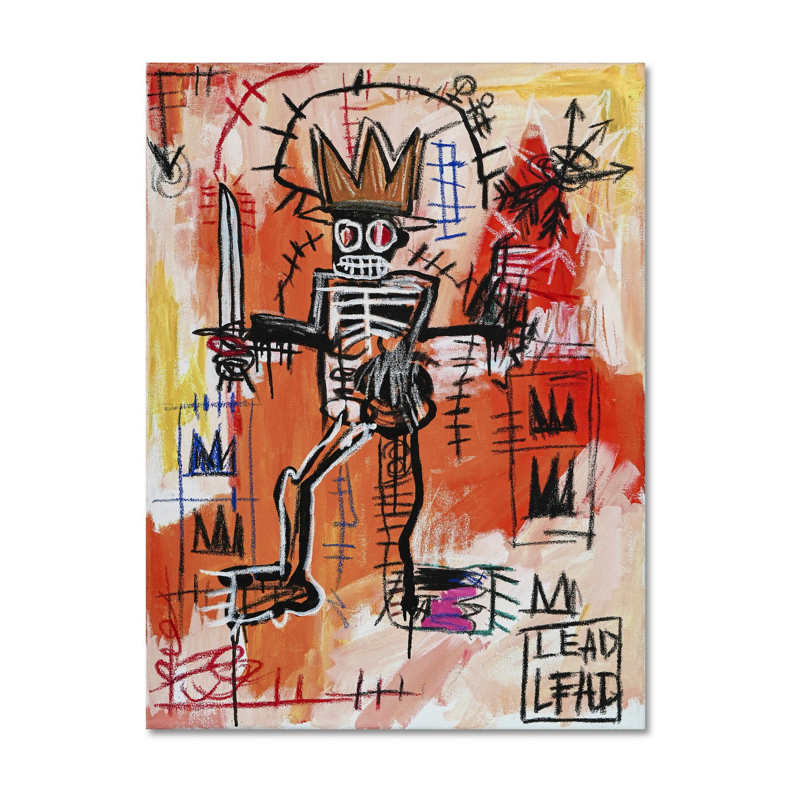 JEAN-MICHEL BASQUIAT (1960-1988), ATTRIBUTED TO, ACRYLIC AND OILSTICK ON CANVAS: Image dimensions: 32 x 23 3/4 in (81 x 60.5 cm) Signed (reverse) Jean-Michel Basquiat was a prodigious force in the 20th-century art world, emerging from the graffiti-laden streets of New York to beco