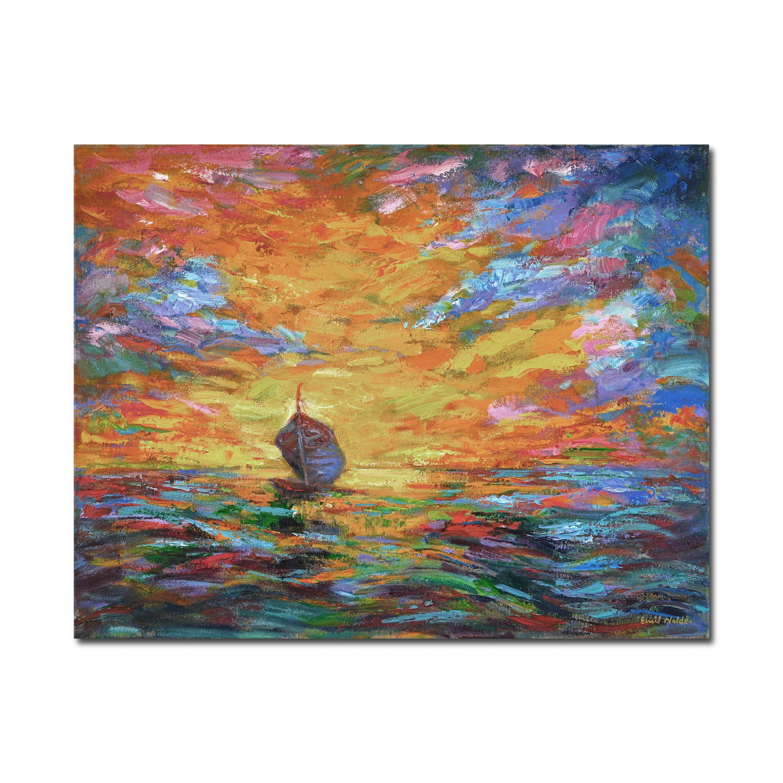 EMIL NOLDE (1867-1956), ATTRIBUTED TO, OIL ON CANVAS: Image dimensions: 33 x 25 1/2 in (83.5 x 65 cm) Signed (lower right) Created in 1910, this vividly colored work titled "Sunrise" is a striking example by German Expressionist master Emil Nolde, a prom