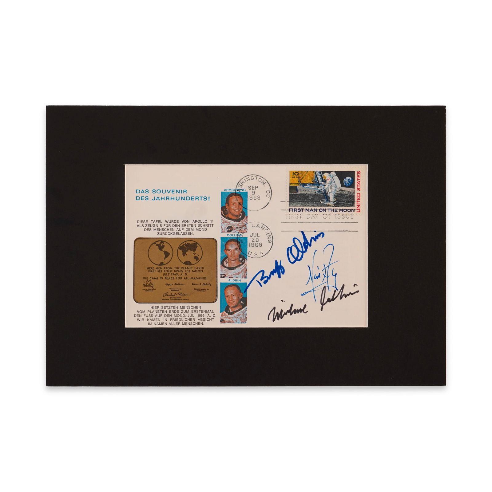 NEIL ARMSTRONG, BUZZ ALDRIN, AND MICHAEL COLLINS SIGNED FIRST DAY COVER (1 of 2)