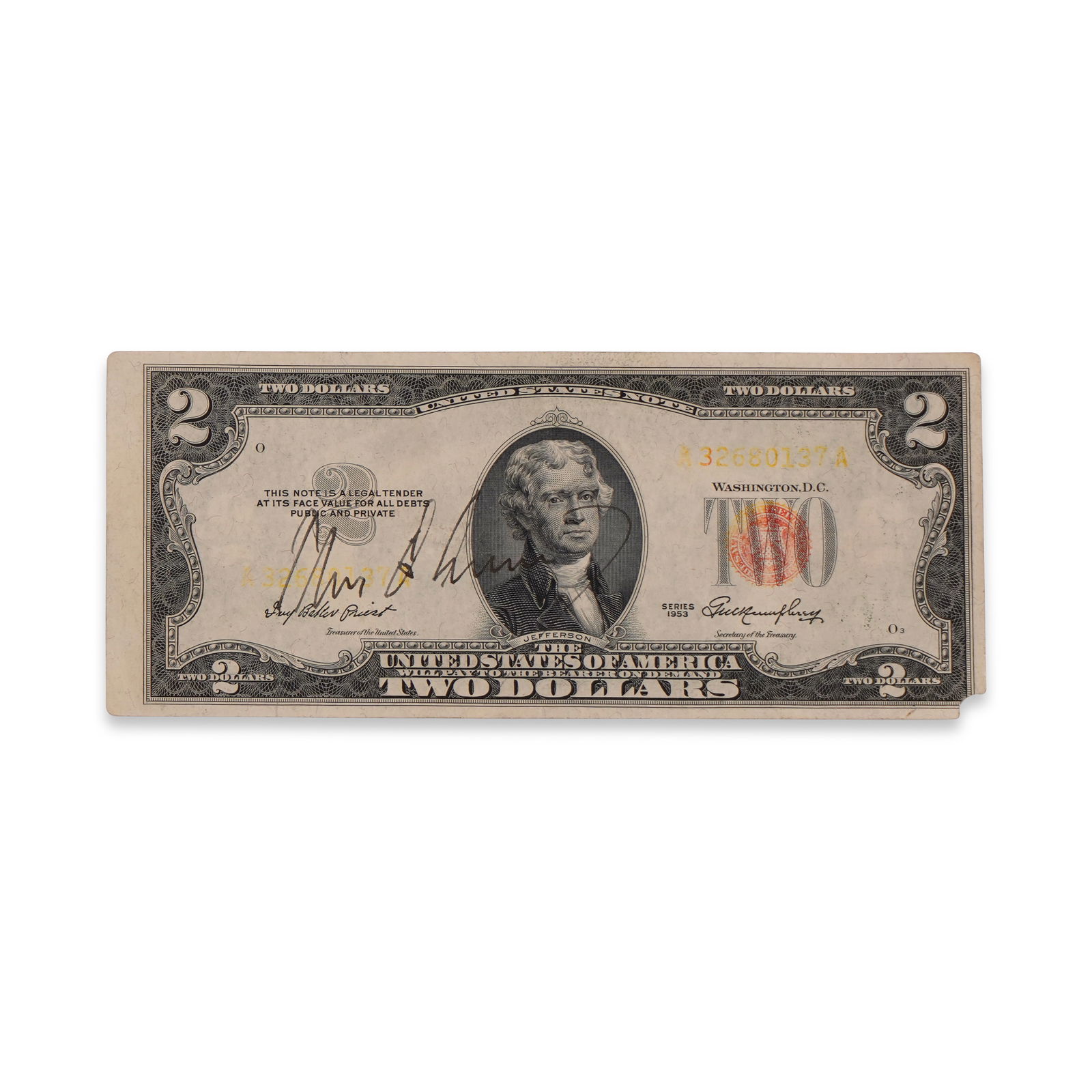 JOHN F. KENNEDY SIGNED $2 RED SEAL NOTE (1 of 2)