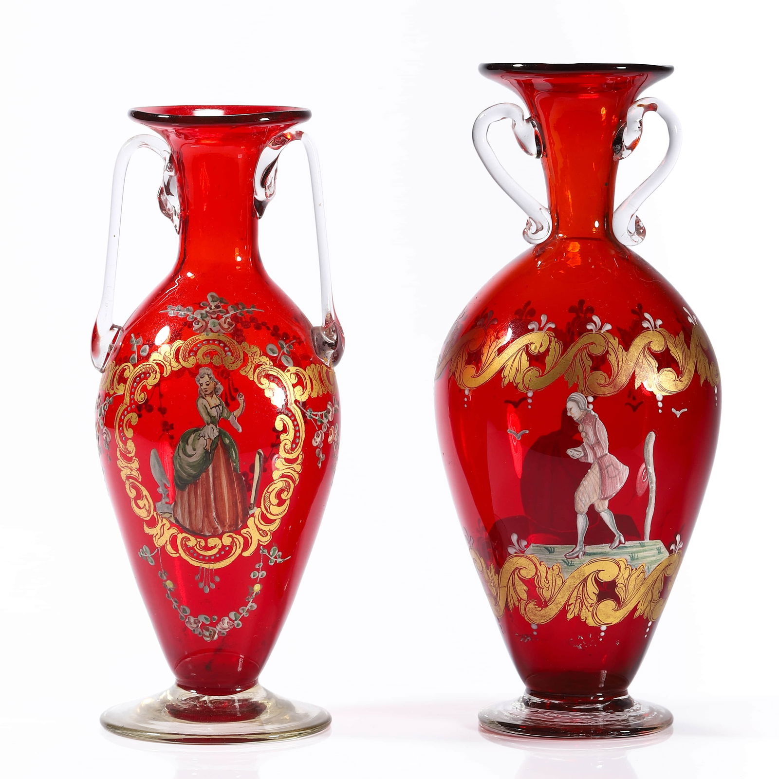 GERMAN, LATE 19TH TO EARLY 20TH CENTURY — A PAIR OF HAND-PAINTED RUBY RED GLASS VASES. (1 of 10)
