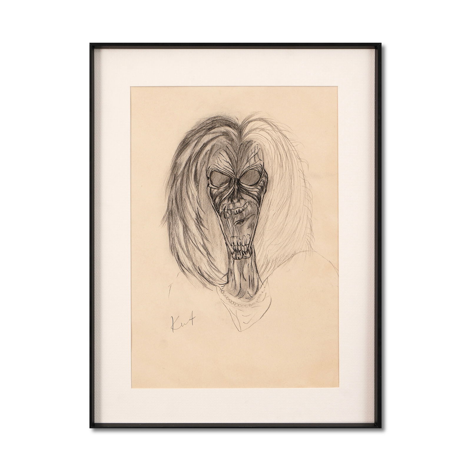 KURT COBAIN SIGNED DRAWING OF A MONSTROUS FIGURE: Image Dimensions: 14 3/8 x 9 7/8 in (36.5 x 25 cm) This pencil drawing by Nirvana frontman Kurt Cobain offers a rare glimpse into his early visual creativity, capturing the dark and raw essence of his