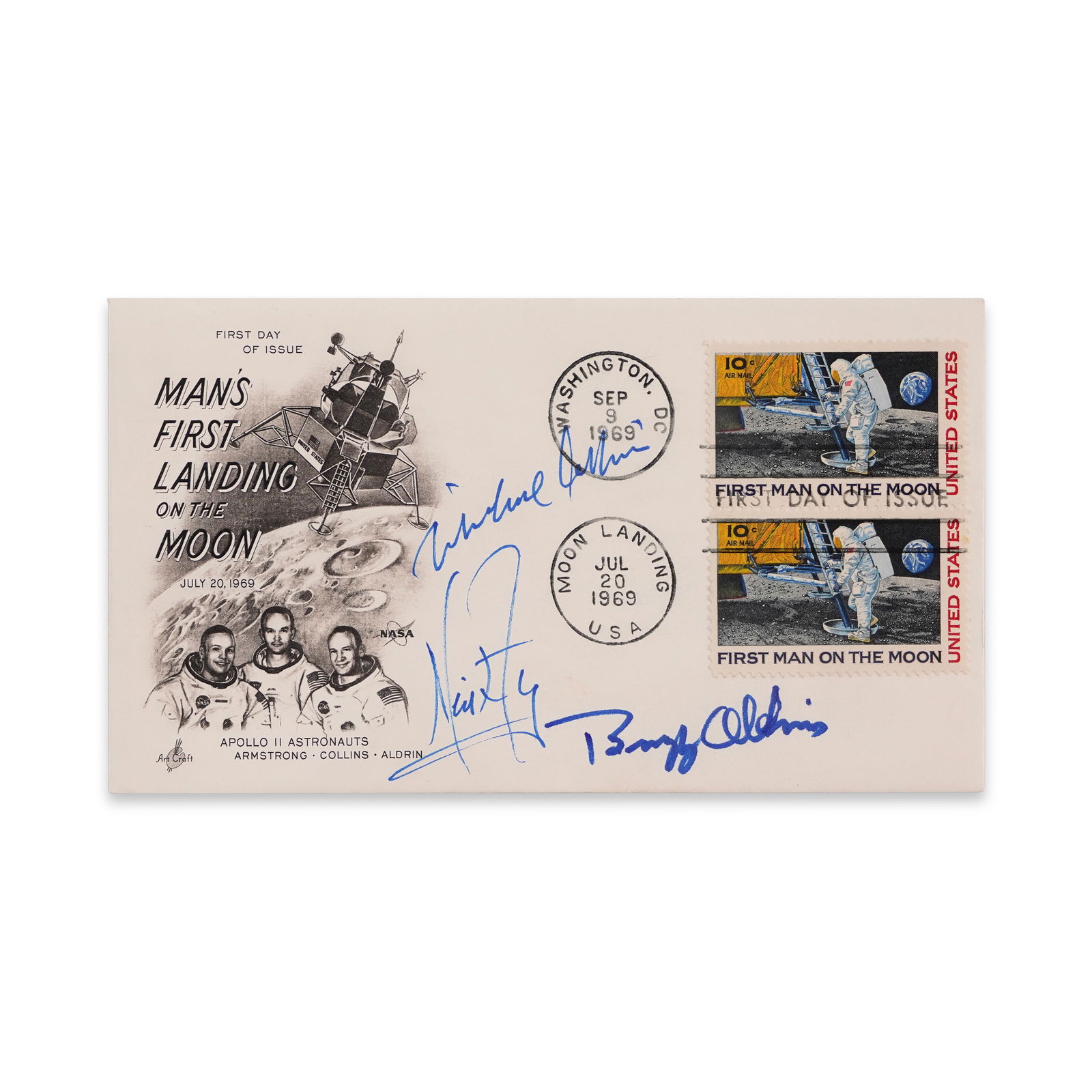 NEIL ARMSTRONG, BUZZ ALDRIN & MICHAEL COLLINS FULLY SIGNED APOLLO 11 MOON LANDING FIRST DAY COVER (1 of 1)