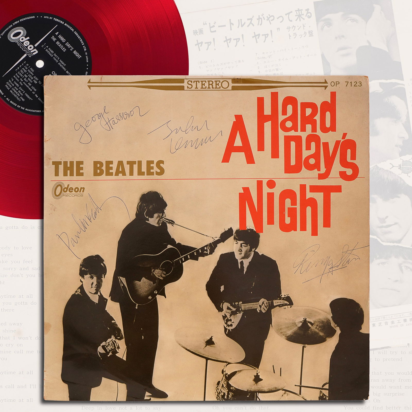 THE BEATLES FULLY SIGNED "A HARD DAY'S NIGHT" JAPANESE RED VINYL LP (ODEON OP-7123) (1 of 6)