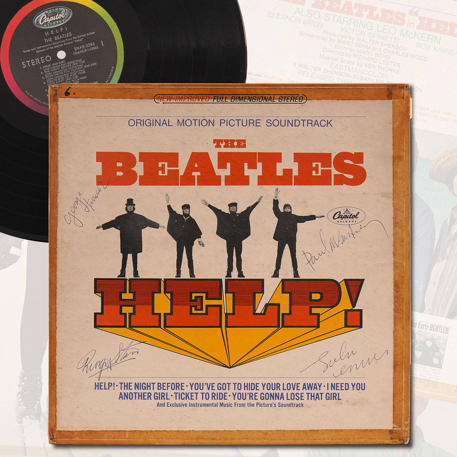 THE BEATLES FULLY SIGNED VINYL - "HELP!" (1965, CAPITOL RECORDS FIRST PRESSING) (1 of 7)