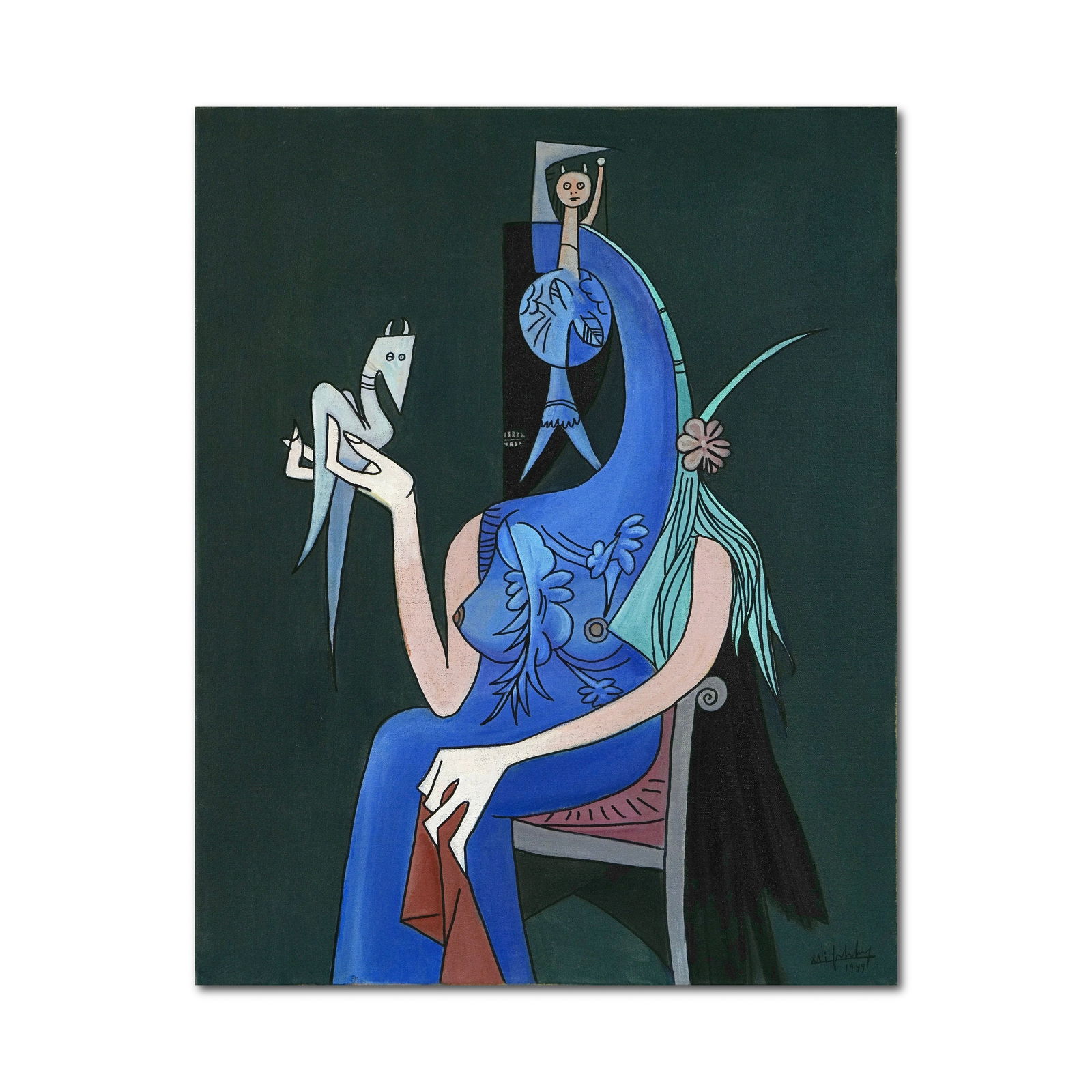 WILFREDO LAM (1902-1982), ATTRIBUTED TO, OIL ON CANVAS: Image Dimensions: 100 x 80 cm (39 1/2 x 31 1/2 in) Signed (lower right) This painting comes with COA. This striking 1949 painting by Wilfredo Lam exemplifies the artist's distinctive fusion of Surreal
