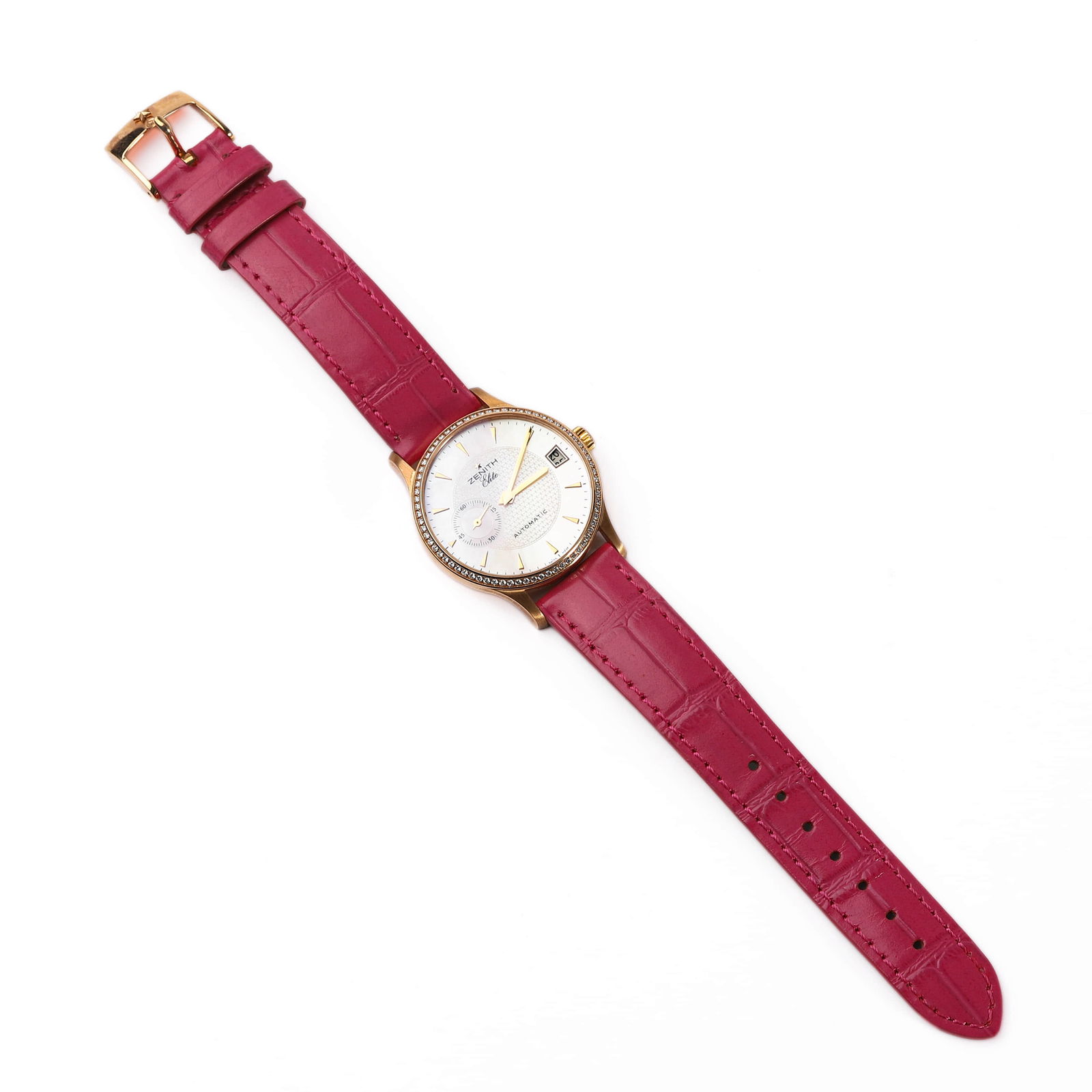 ZENITH ELITE LADY'S DIAMOND-SET WRISTWATCH IN 18K ROSE GOLD: ZENITH ELITE LADY'S DIAMOND-SET WRISTWATCH IN 18K ROSE GOLD Dial diameter:1 3/8 in. (35.5 mm)?Overall length: 8 5/8 in. (22 cm) This Zenith Elite automatic wristwatch is elegantly presented in an 18K