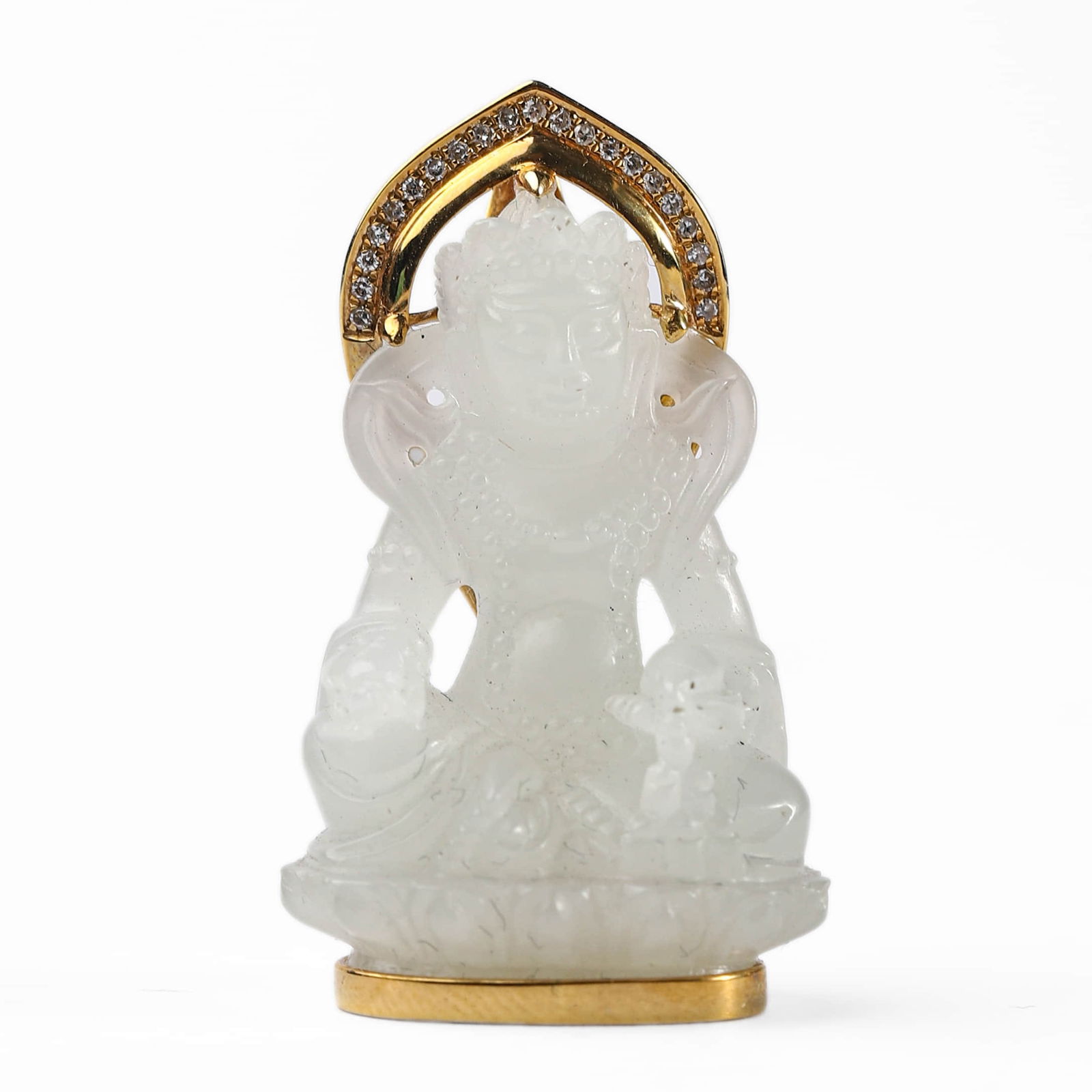 A CHINESE WHITE JADE FIGURE OF GUANYIN, MOUNTED WITH GOLD AND DIAMONDS (1 of 5)
