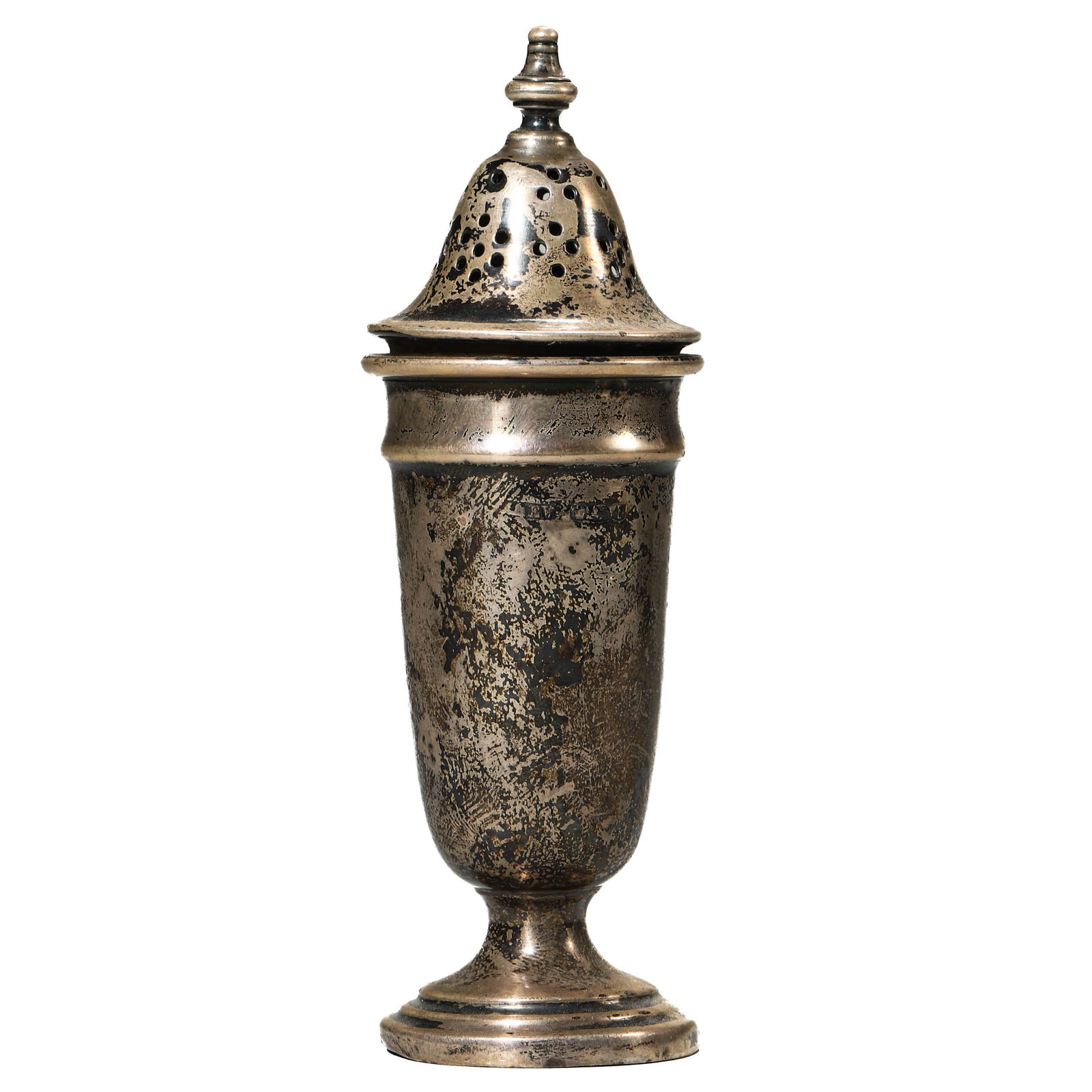 AN ENGLISH STERLING SILVER PEPPER CASTOR, R MARK, 20TH CENTURY.: Dimensions. Height: 4 5/16 in. (11 cm); Weight: 38.3 g Description Of baluster form on a circular foot, the pierced domed cover with finial knop, the body with patinated surface consistent with age an