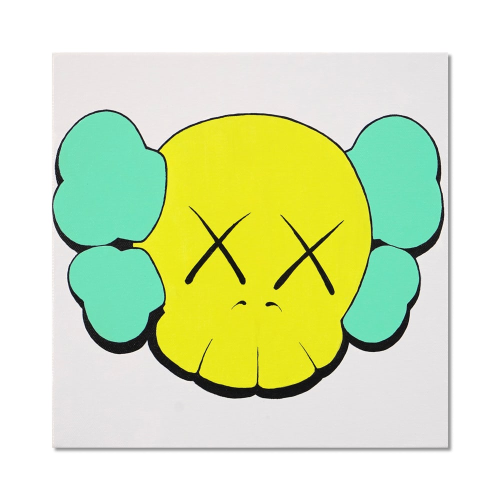 KAWS (B.1974), ATTRIBUTED TO, ACRYLIC ON CANVAS: Image Dimensions: 16 1/8 x 16 1/8 in (41 x 41 cm) Signed (verso) This painting comes with COA. This vibrant work titled "Untitled" perfectly exemplifies KAWS's artistic language in the late 1990s, a p