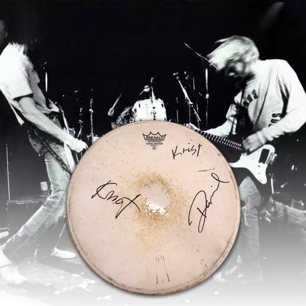 KURT COBAIN, KRIST NOVOSELIC, AND DAVE GROHL FULLY SIGNED 14-INCH REMO DRUMHEAD (1 of 1)