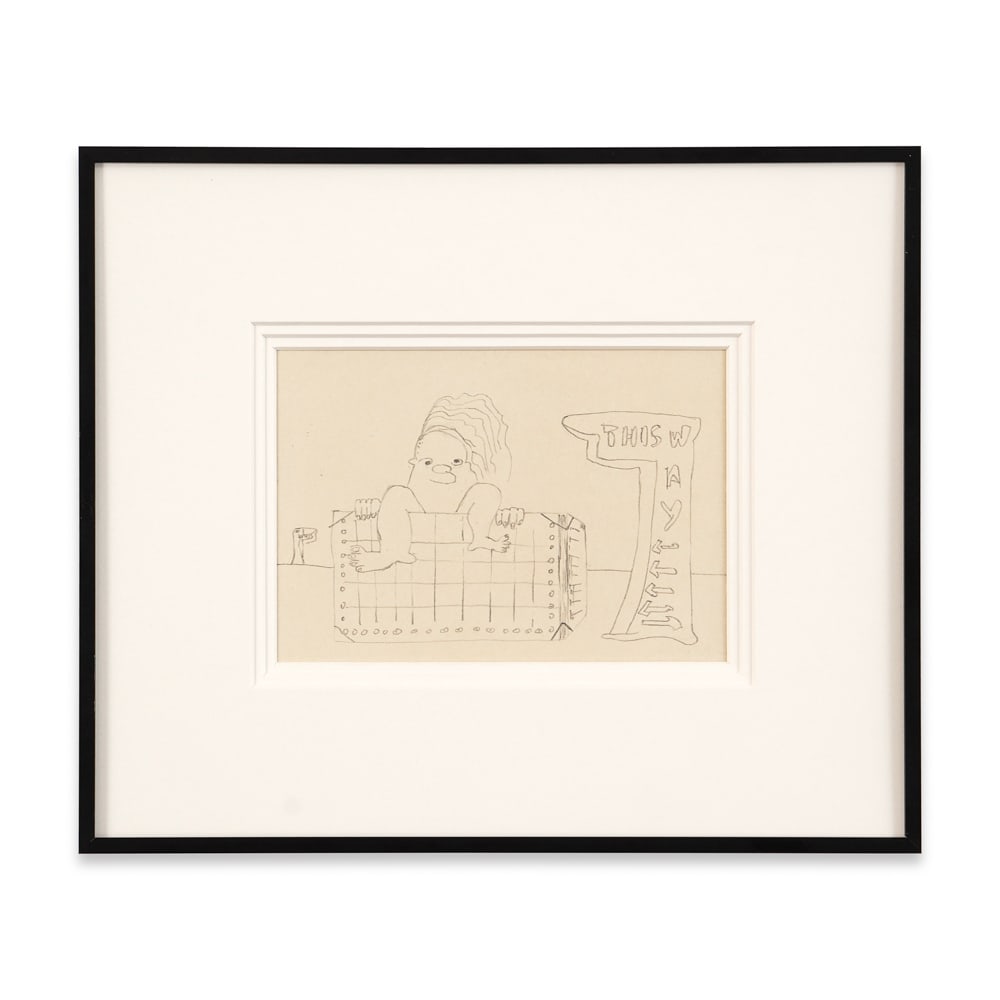JOHN LENNON SIGNED SKETCH - "THIS WAY": Image Dimensions: 7 1/2 x 5 1/4 in (19.2 x 13.2 cm) This pencil sketch by John Lennon presents a rare and intimate window into the imaginative world of one of the most influential cultural figures of