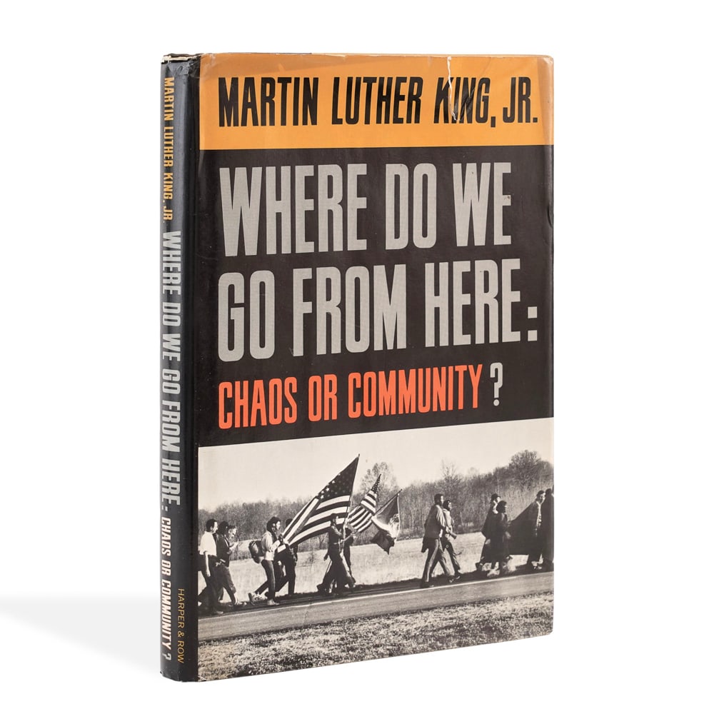 MARTIN LUTHER KING JR. SIGNED "WHERE DO WE GO FROM HERE: CHAOS OR COMMUNITY?": 8 5/8 x 5 7/8 in (21.8 x 15 cm) Provenance and Authentication: This collectible has undergone a rigorous forensic evaluation. The signatures were carefully analyzed across multiple criteria, including