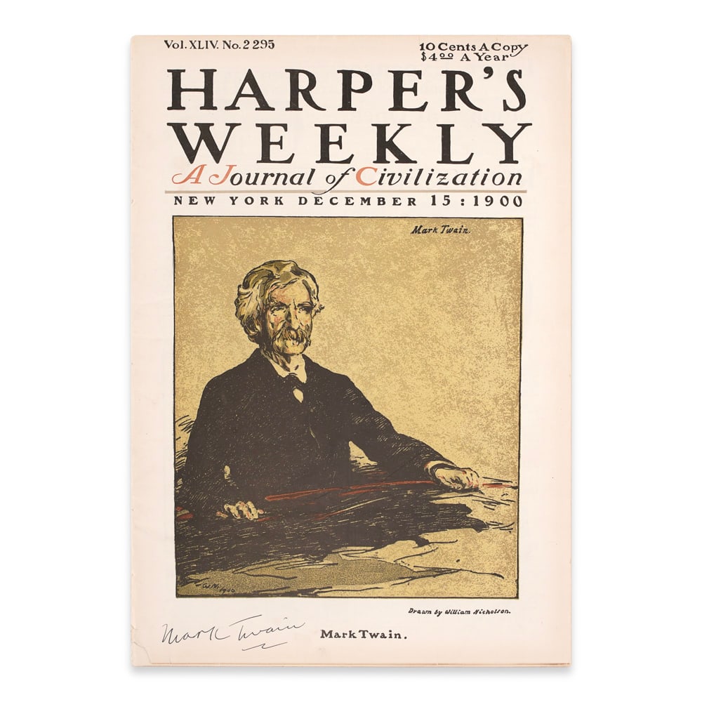 MARK TWAIN SIGNED "HARPER'S WEEKLY" MAGAZINE: 16 x 11 in (40.5 x 28 cm) This exceptionally preserved issue of Harper's Weekly, dated December 15, 1900, carries the unmistakable autograph of Mark Twain, one of the most defining literary voices of