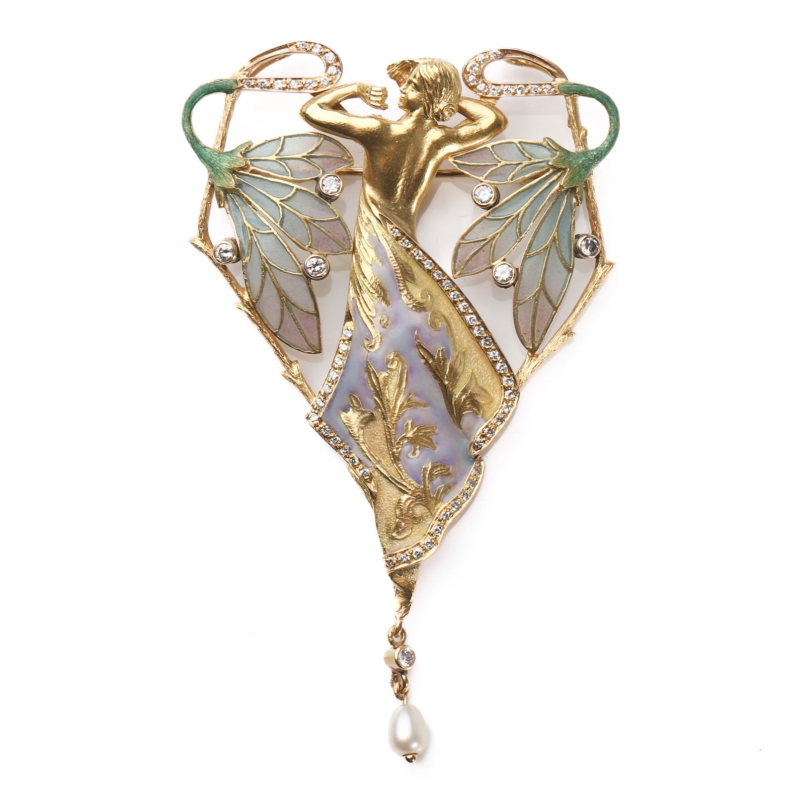 AN ART NOUVEAU GOLD, ENAMEL, DIAMOND AND PEARL BROOCH, SIGNED CARRERA Y CARRERA: Dimensions Length 3 in (7.5 cm); Width 1 7/8 in (4.8 cm); Weight 32.3 g Description An Art Nouveau style brooch crafted in gold, signed Carrera y Carrera, depicting a female figure with flowing draper