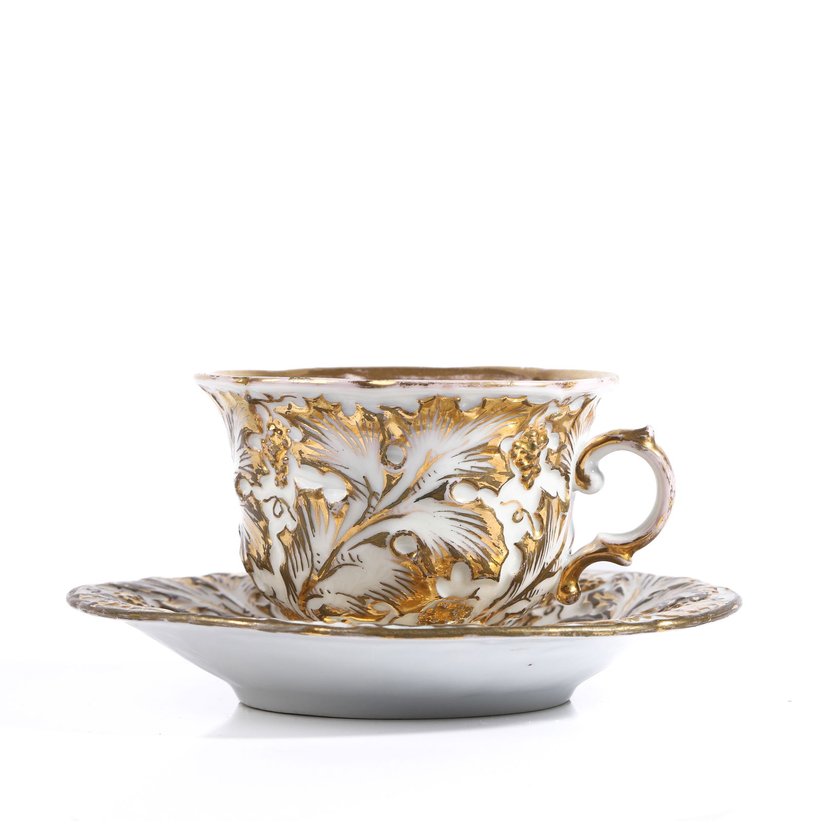 A GILT AND WHITE PORCELAIN CUP AND SAUCER, POSSIBLY ENGLISH, MID-19TH CENTURY (1 of 5)