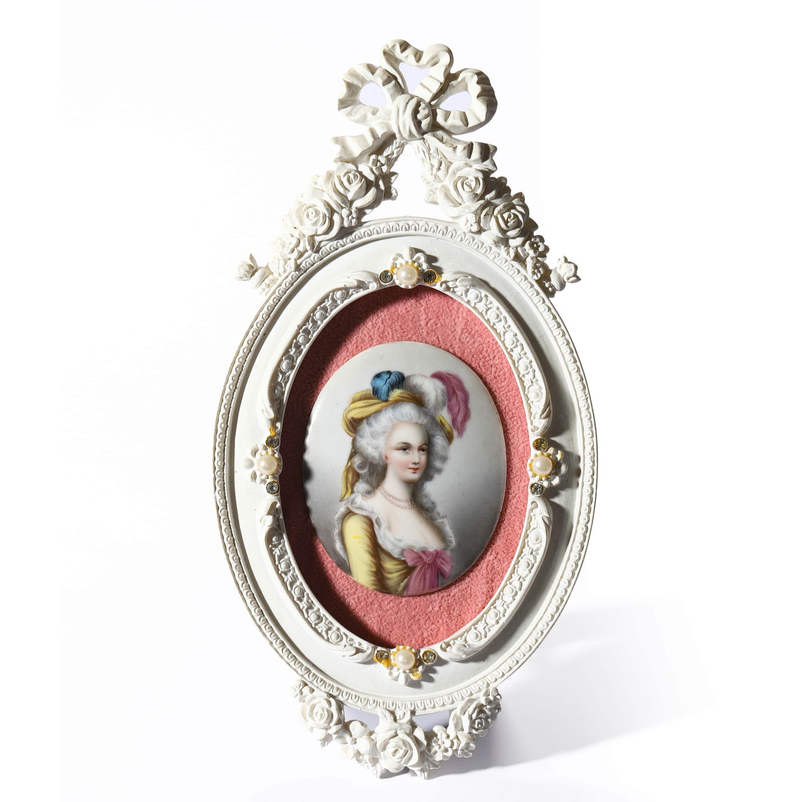 CONTINENTAL SCHOOL, EARLY 20TH CENTURY — PORTRAIT OF A LADY IN A YELLOW GOWN.: CONTINENTAL SCHOOL, EARLY 20TH CENTURY — PORTRAIT OF A LADY IN A YELLOW GOWN. Medium: Hand-painted enamel on porcelain panel. Dimensions: Frame: 9 5/8 × 5 1/8 in. (24.5 × 13 cm). Frame: Ornate