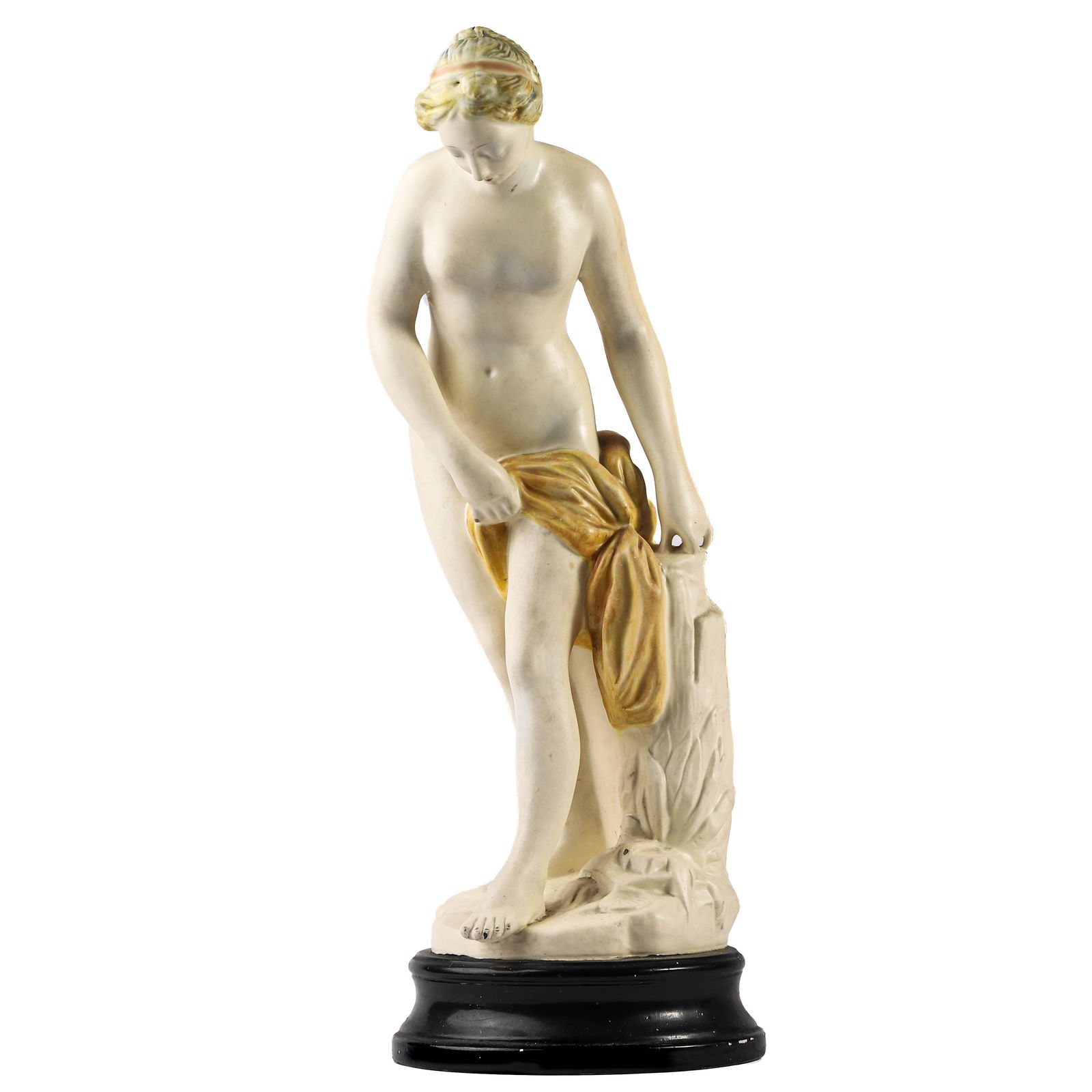 A CONTINENTAL PORCELAIN FIGURE OF VENUS: Dimensions Height: 18 7/8 in (48 cm) Description Finely modeled and hand-painted, the figure depicts Venus standing nude, modestly draped with a gilt-highlighted ochre robe at her side, her head
