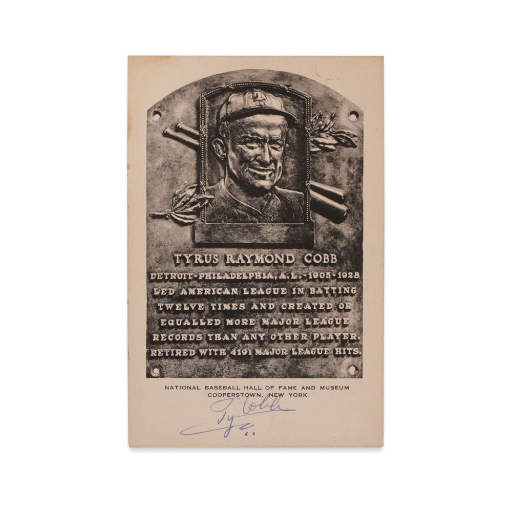 TY COBB SIGNED HALL OF FAME POSTCARD: 5 1/2 x 3 1/2 in (14 x 9 cm) Provenance and Authentication: This collectible has undergone a rigorous forensic evaluation. The signatures were carefully analyzed across multiple criteria, including