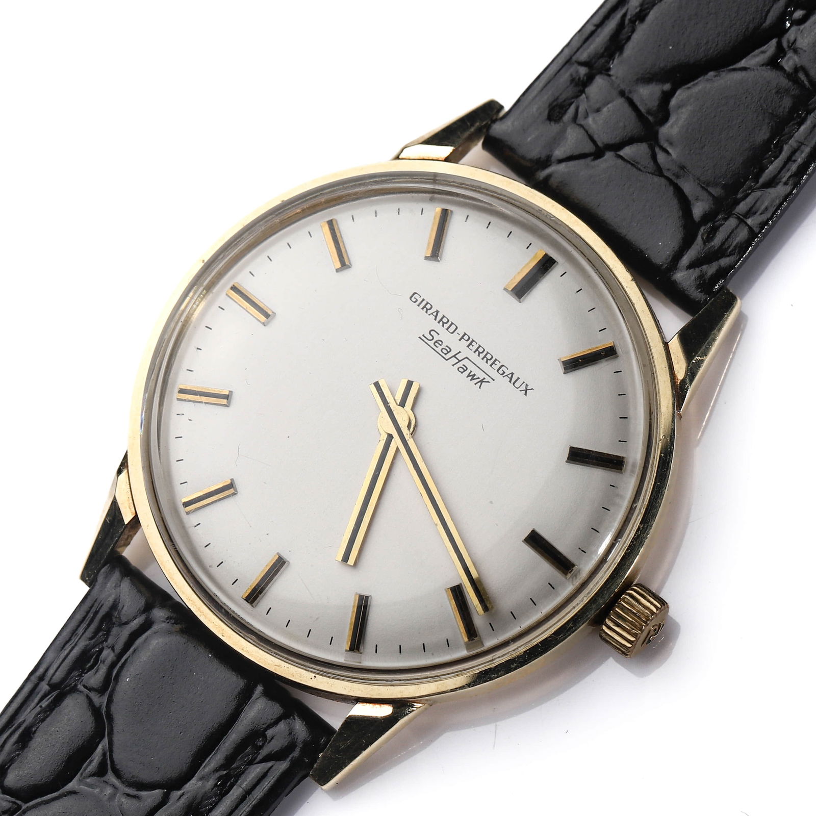 GIRARD-PERREGAUX SEA HAWK WRISTWATCH: Dimensions case diameter approx. 1 3/8 in (35.2 mm); overall length approx. 8 5/8 in (22 cm). Description A classic Girard-Perregaux Sea Hawk wristwatch featuring a round yellow gold case fitted