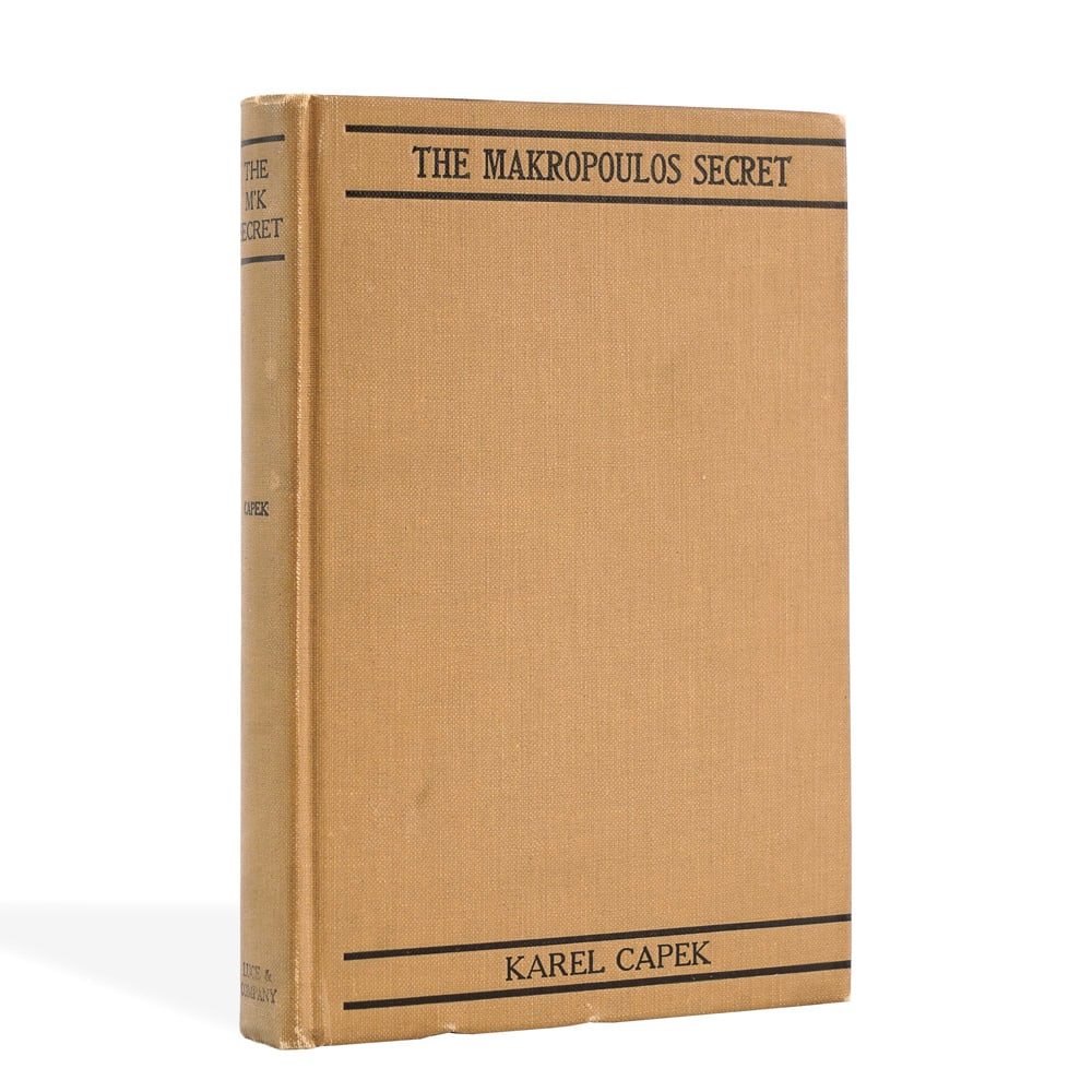 KAREL CAPEK SIGNED THE MAKROPOULOS SECRET BOOK: 7 3/4 x 5 3/8 in (19.8 x 13.6 cm) Provenance and Authentication: This collectible has undergone a rigorous forensic evaluation. The signatures were carefully analyzed across multiple criteria,