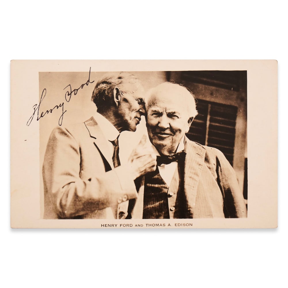 HENRY FORD SIGNED POSTCARD: 5 3/8 x 3 3/8 in (13.7 x 8.7 cm) Provenance and Authentication: This collectible has undergone a rigorous forensic evaluation. The signatures were carefully analyzed across multiple criteria, includin