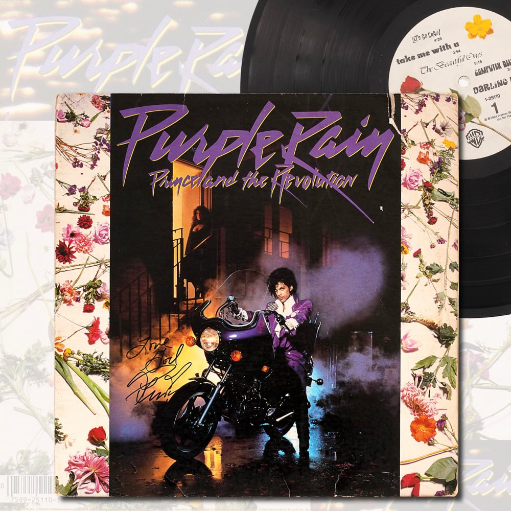 PRINCE SIGNED PURPLE RAIN LP: 12 1/4 x 12 1/4 Provenance and Authentication: This collectible has undergone a rigorous forensic evaluation. The signatures were carefully analyzed across multiple criteria, including ink deposition,