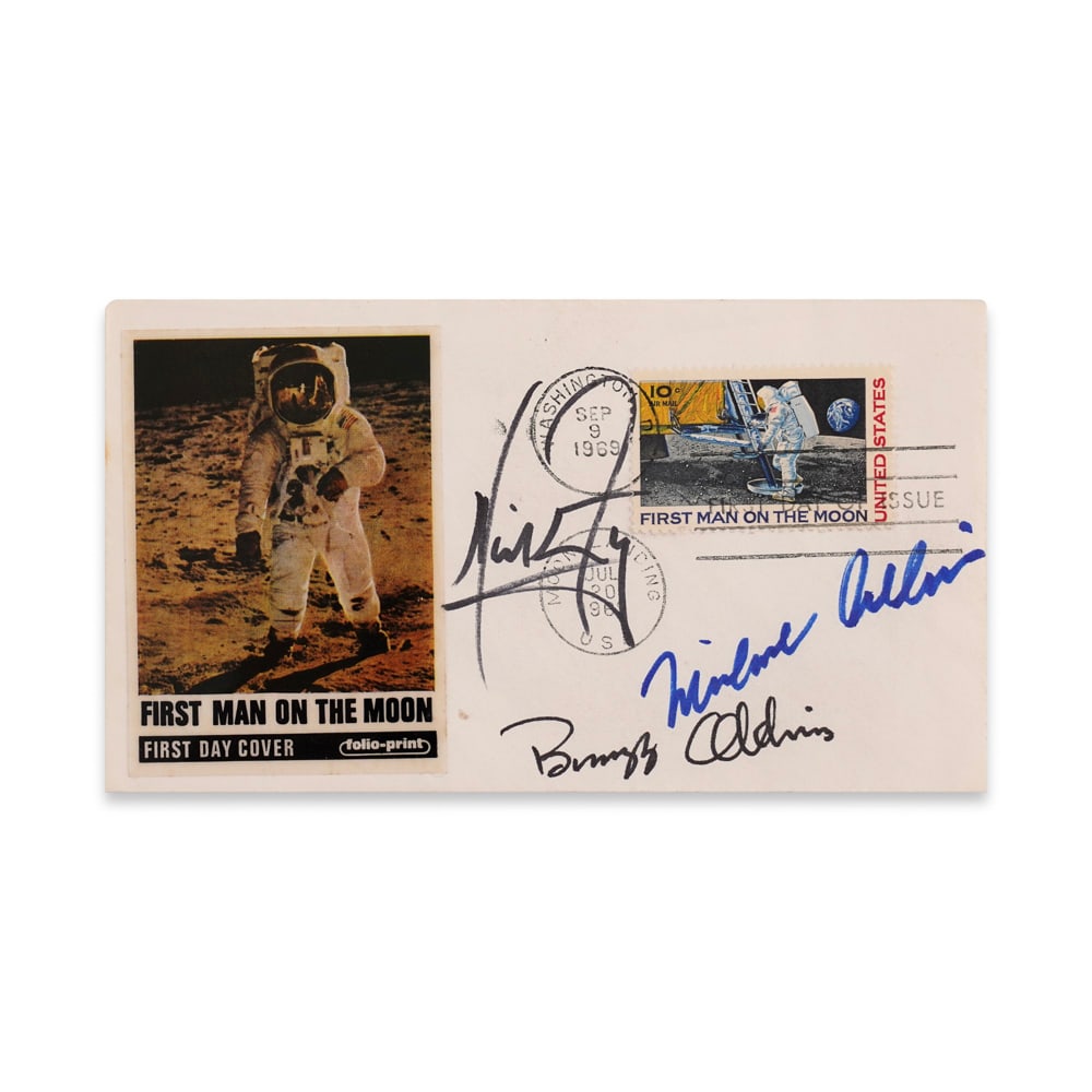 NEIL ARMSTRONG, BUZZ ALDRIN & MICHAEL COLLINS SIGNED "FIRST MAN ON THE MOON" FIRST DAY COVER, (1 of 1)
