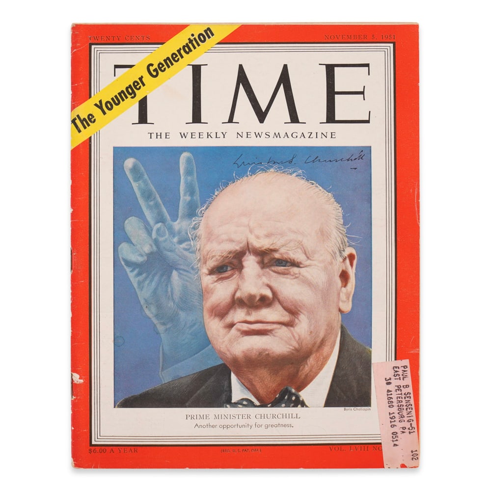 WINSTON CHURCHILL SIGNED TIME MAGAZINE: 11 1/8 x 8 1/4 in (28.4 x 21 cm) Provenance and Authentication: This collectible has undergone a rigorous forensic evaluation. The signatures were carefully analyzed across multiple criteria,