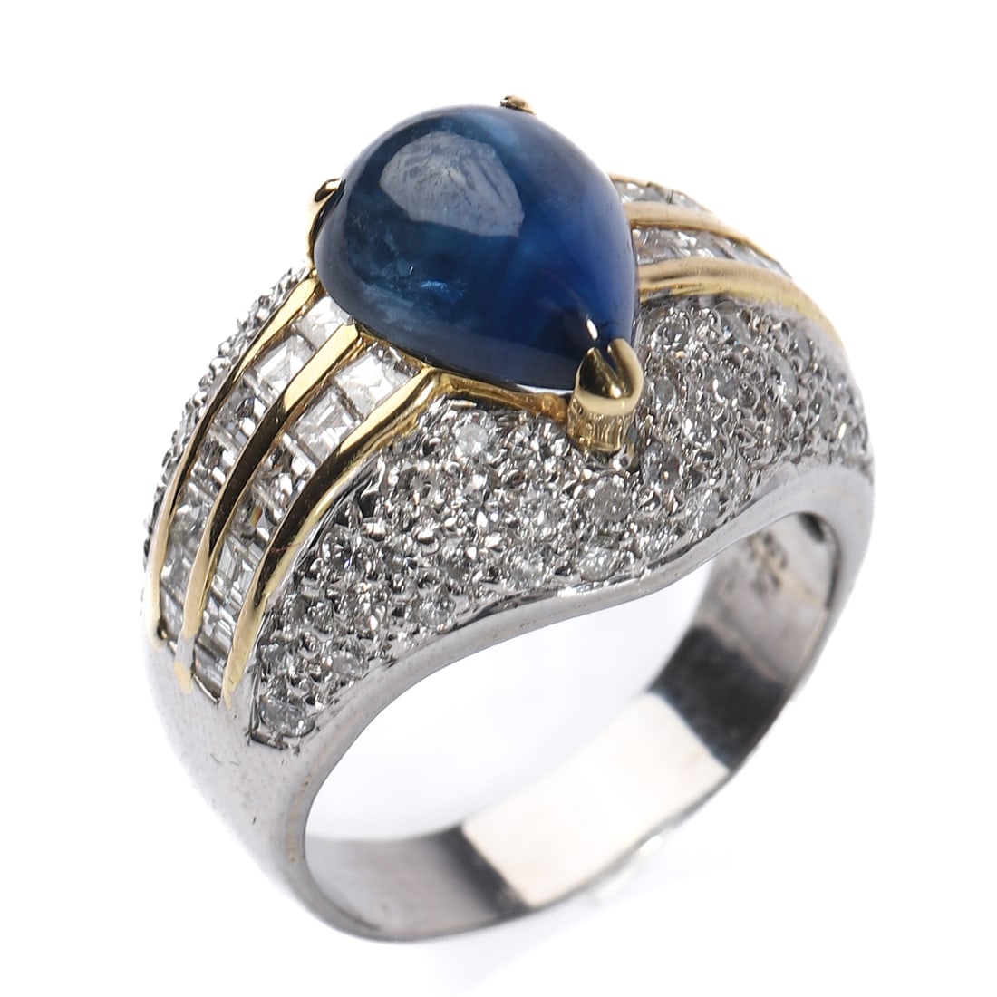 RETRO 18K GOLD AND PLATINUM SAPPHIRE AND DIAMOND RING: Dimensions Inner diameter: 23/32 in (18.1 mm); Weight: 16.3 g Description A Retro period 18k gold and platinum sapphire and diamond ring, centering a vivid pear-shaped cabochon sapphire weighing