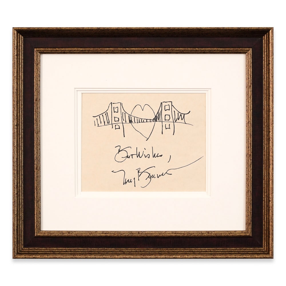 TONY BENNETT SIGNED SKETCH: Image Dimensions: 7 3/8 x 9 1/8 in (18.7 x 23.3 cm) Framed Dimensions: 19 1/8 x 17 1/4 in (48.7 x 43.8 cm) Provenance and Authentication: This collectible has undergone a rigorous forensic