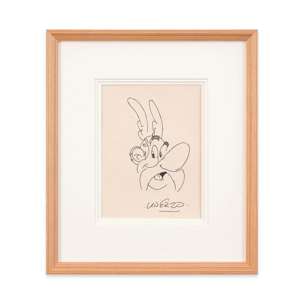 ALBERT UDERZO SIGNED ASTERIX DRAWING: Image Dimensions: 7 1/8 x 9 3/8 in (18 x 23.7 cm) Framed Dimensions: 17 1/8 x 14 5/8 in (43.5 x 37.3 cm) Provenance and Authentication: This collectible has undergone a rigorous forensic evaluation. T