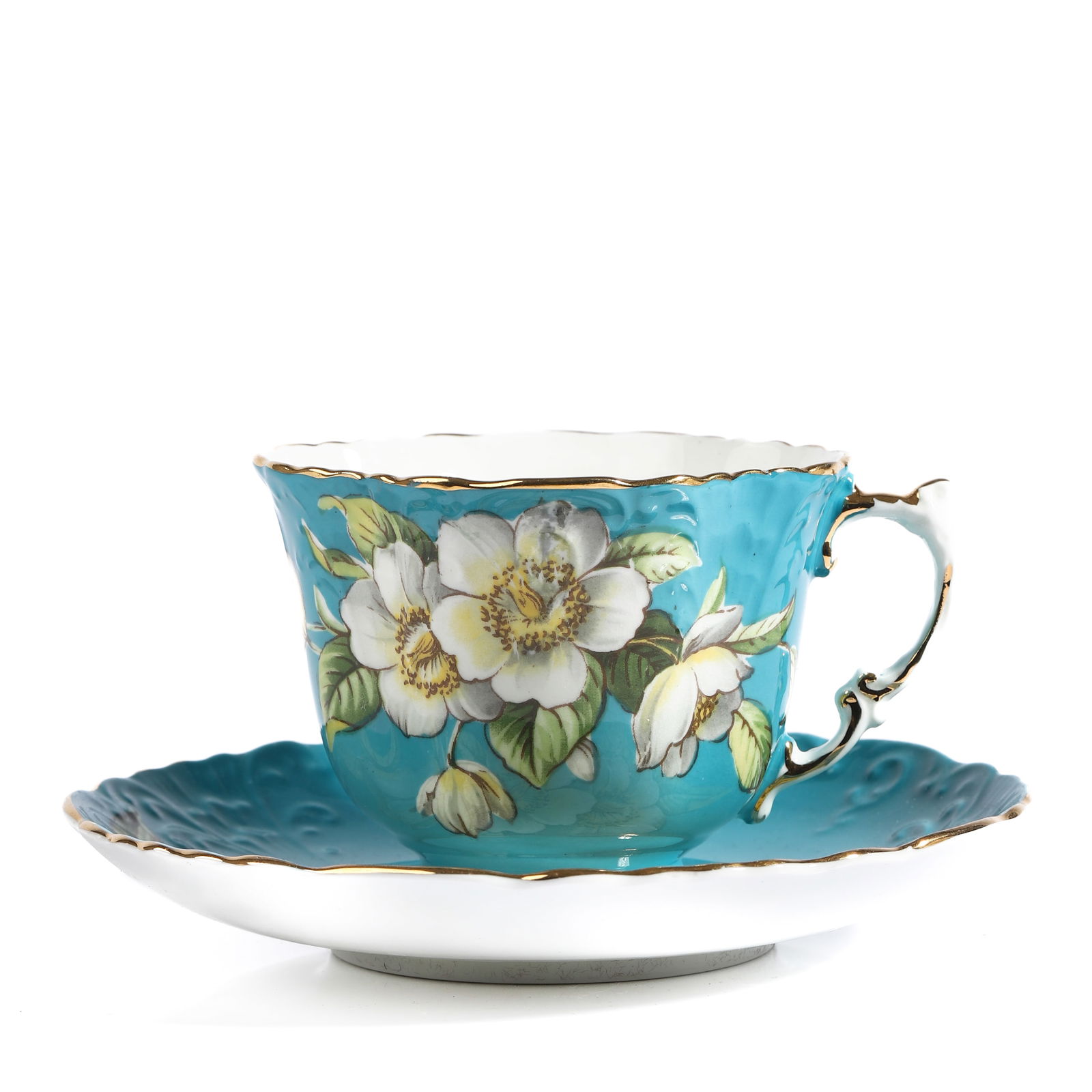 AYNSLEY TURQUOISE FLORAL BONE CHINA TEACUP AND SAUCER: Dimensions Cup: Diameter 3 7/16 in (8.7 cm); Height 2 3/4 in (7 cm)?Saucer: Diameter 5 5/8 in (14.2 cm)Description: A finely crafted Aynsley bone china teacup and saucer featuring a vibrant