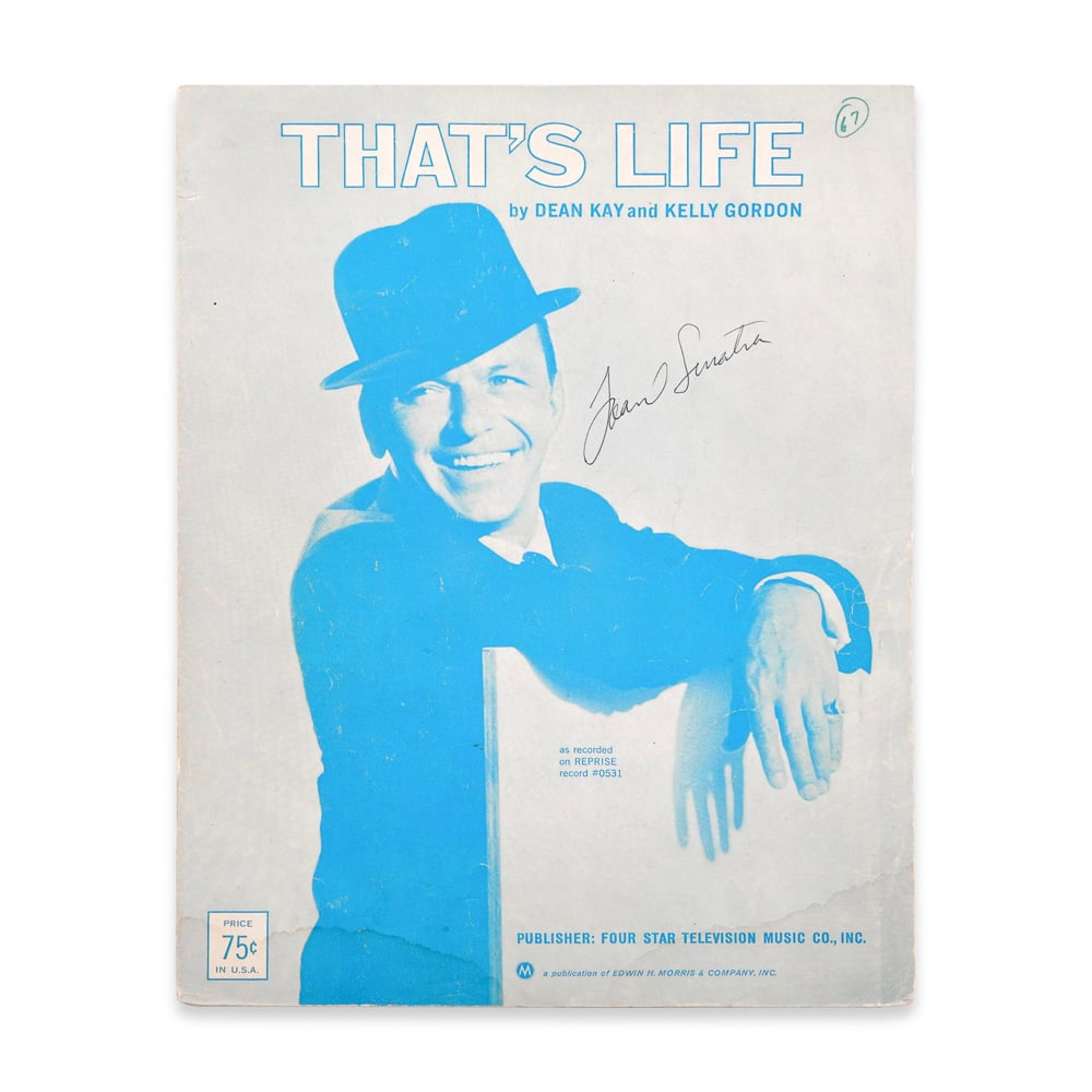 FRANK SINATRA SIGNED SHEET MUSIC "THAT'S LIFE": 11 x 8 1/2 in (28 x 21.6 cm) Provenance and Authentication: This collectible has undergone a rigorous forensic evaluation. The signatures were carefully analyzed across multiple criteria, including