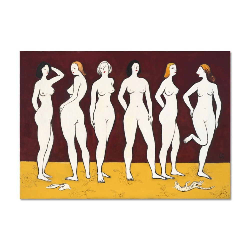 SANYU (1895-1966), ATTRIBUTED TO, OIL ON CANVAS: Image Dimensions: 45 x 31 1/2 in (114 x 80 cm) Signed (right) This painting comes with COA. This captivating oil on canvas, titled "Cinq nues sur un fond rouge" ("Five Nudes on a Red Background"),