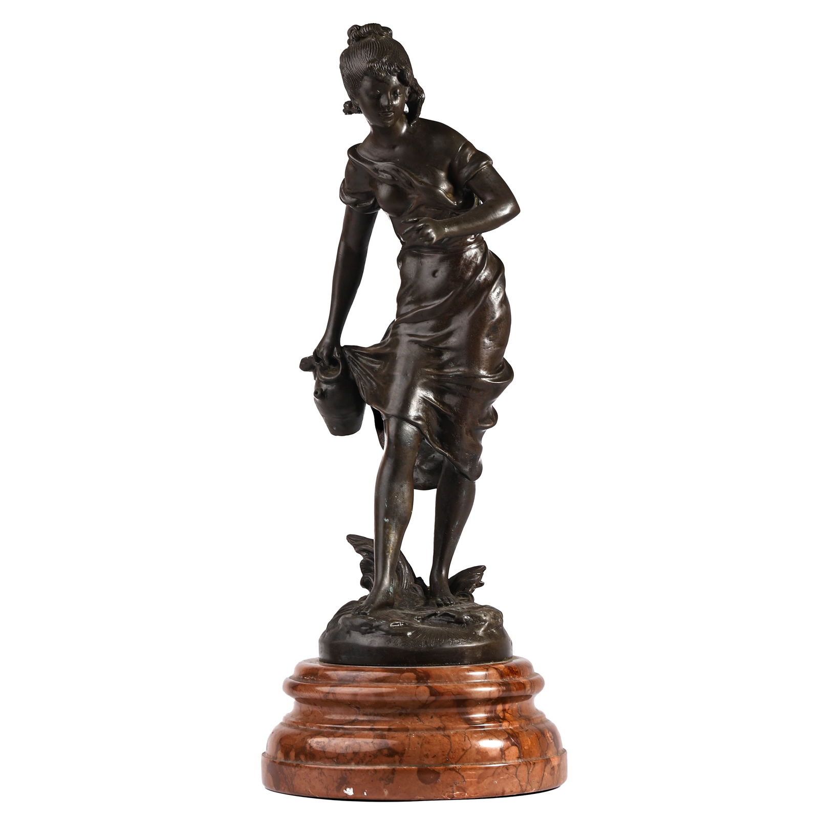 A BRONZE FIGURE OF A YOUNG WOMAN WITH A JAR: Dimensions Height: 19 1/2 in (49.5 cm) Description Cast in dark patinated bronze, the figure depicts a young woman in motion, her dress flowing around her form, holding a water jar in her right