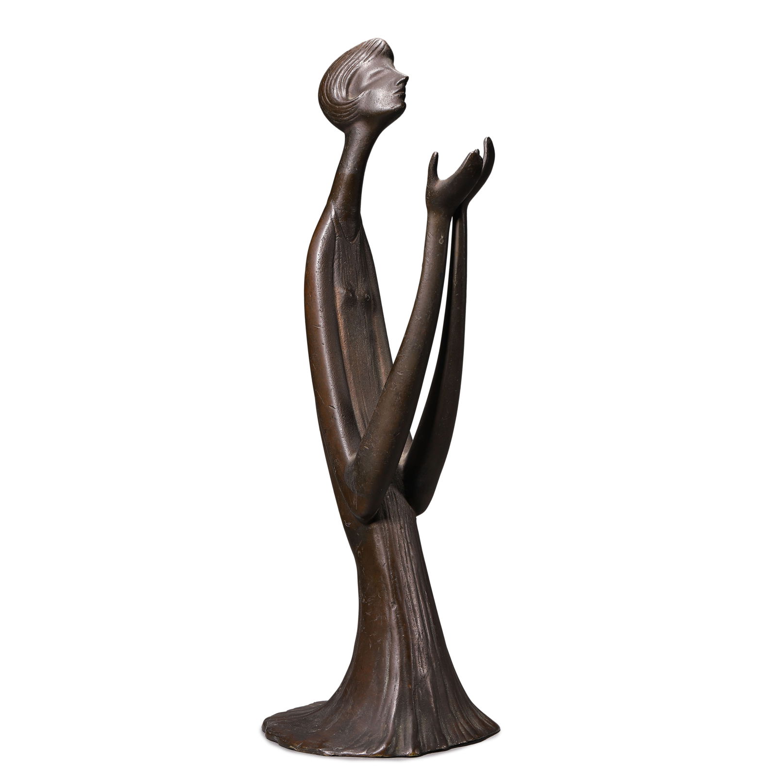 BRONZE SCULPTURE OF A PRAYING FIGURE: A modernist bronze sculpture depicting a stylized praying figure with elongated arms raised towards the sky. The figure’s abstract and flowing form evokes a sense of devotion and spirituality. The