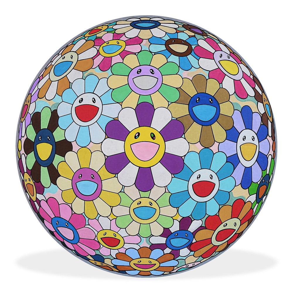 TAKASHI MURAKAMI (B.1962), ATTRIBUTED TO, ACRYLIC ON CANVAS: Signed (verso) Image Dimensions: 39 3/8 x 39 3/8 in (100 x 100 cm) This painting comes with COA. This exuberant painting by Takashi Murakami exemplifies his signature "Superflat" aesthetic, fusing