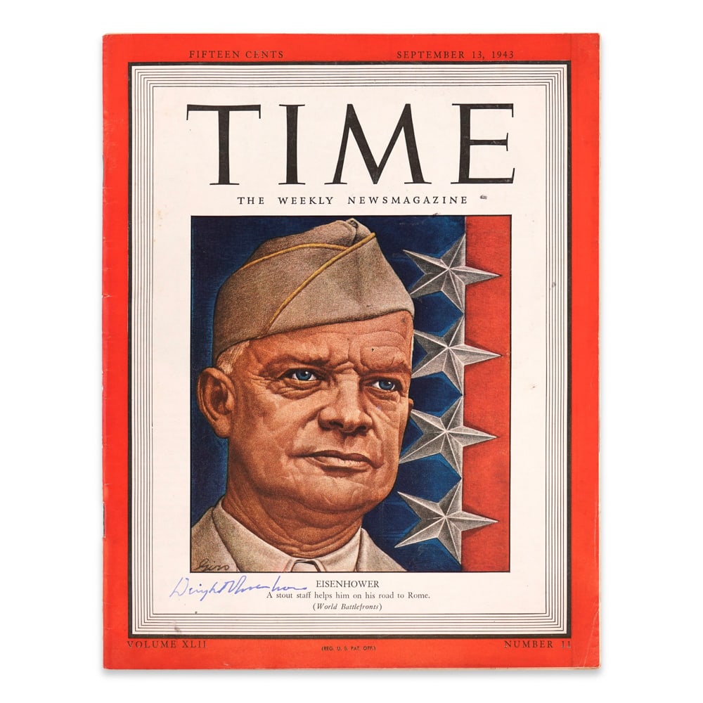 DWIGHT D. EISENHOWER SIGNED "TIME" MAGAZINE COVER, SEPTEMBER 13, 1943: Image Dimensions: 10 3/4 x 8 1/4 in (27.4 x 21 cm) Provenance and authentication: This collectible has undergone a rigorous forensic evaluation. The signatures were carefully analyzed across multiple