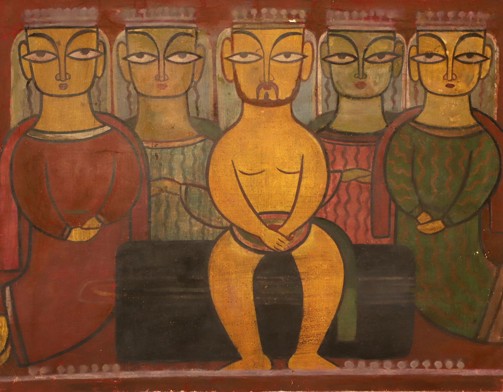 Jamini Roy - UNTITLED(Christ with Apostles): Jamini Roy (1887 - 1972), Tempera on Cloth, 24 x 30 inches, Provenance - Originally acquired from Dhoomimal Art Gallery, Published - Carved Contours Jamini Roy Page no. 45 Dhoomimal Gallery Jamini Roy