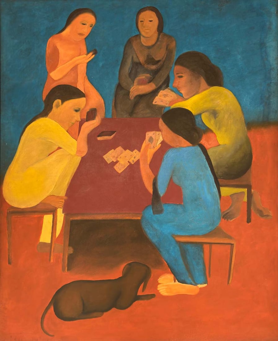 GOGI SAROJ PAL - UNTITLED (Women playing Cards): Gogi Saroj Pal (1945 - 2024), Oil on canvas, 62 x 50 Inches, Signed Lower Left, Gogi Saroj Pal's oeuvre spanning over five decades is a powerful exploration of womanhood focusing on the lives emotions