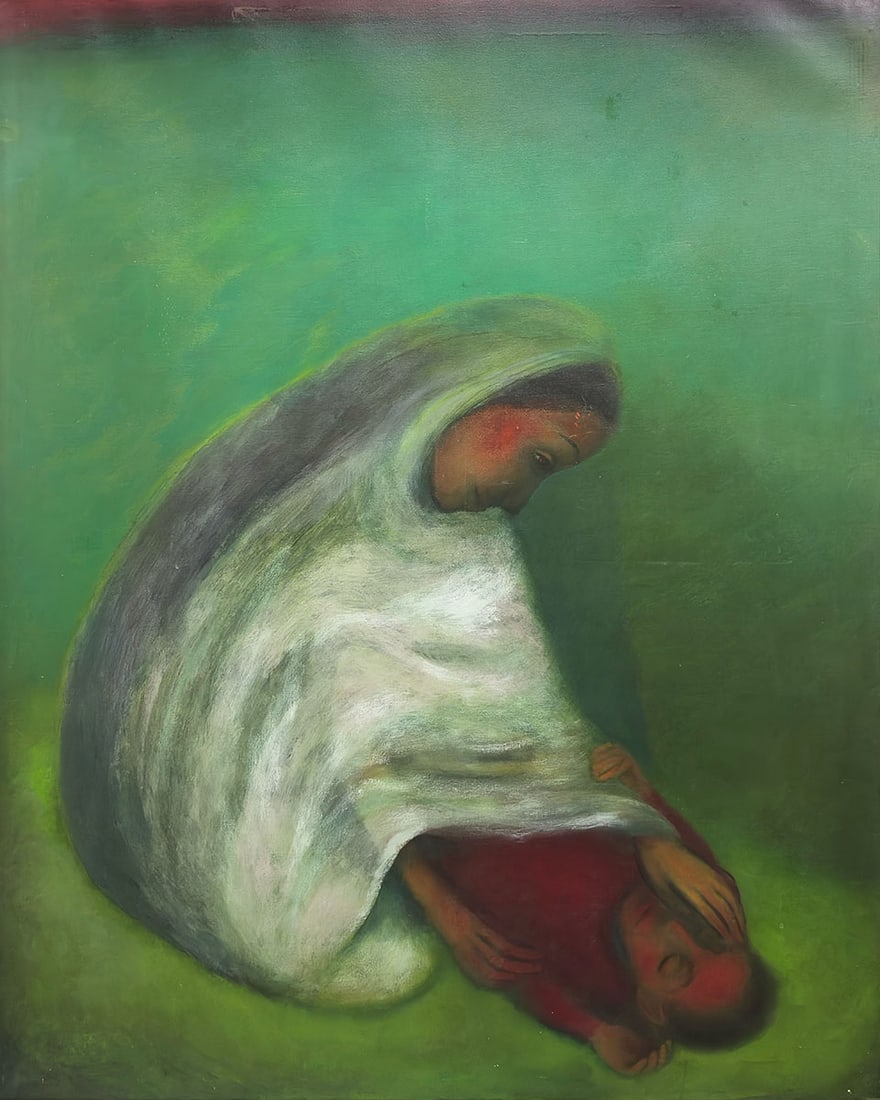 GOGI SAROJ PAL - UNTITLED (Mother and Child): Gogi Saroj Pal (1945 - 2024), Oil on canvas, 61.5 x 49 Inches, Pal's work was characterized by bold colors dynamic compositions and a focus on the female experience. This oil on canvas captures the nu