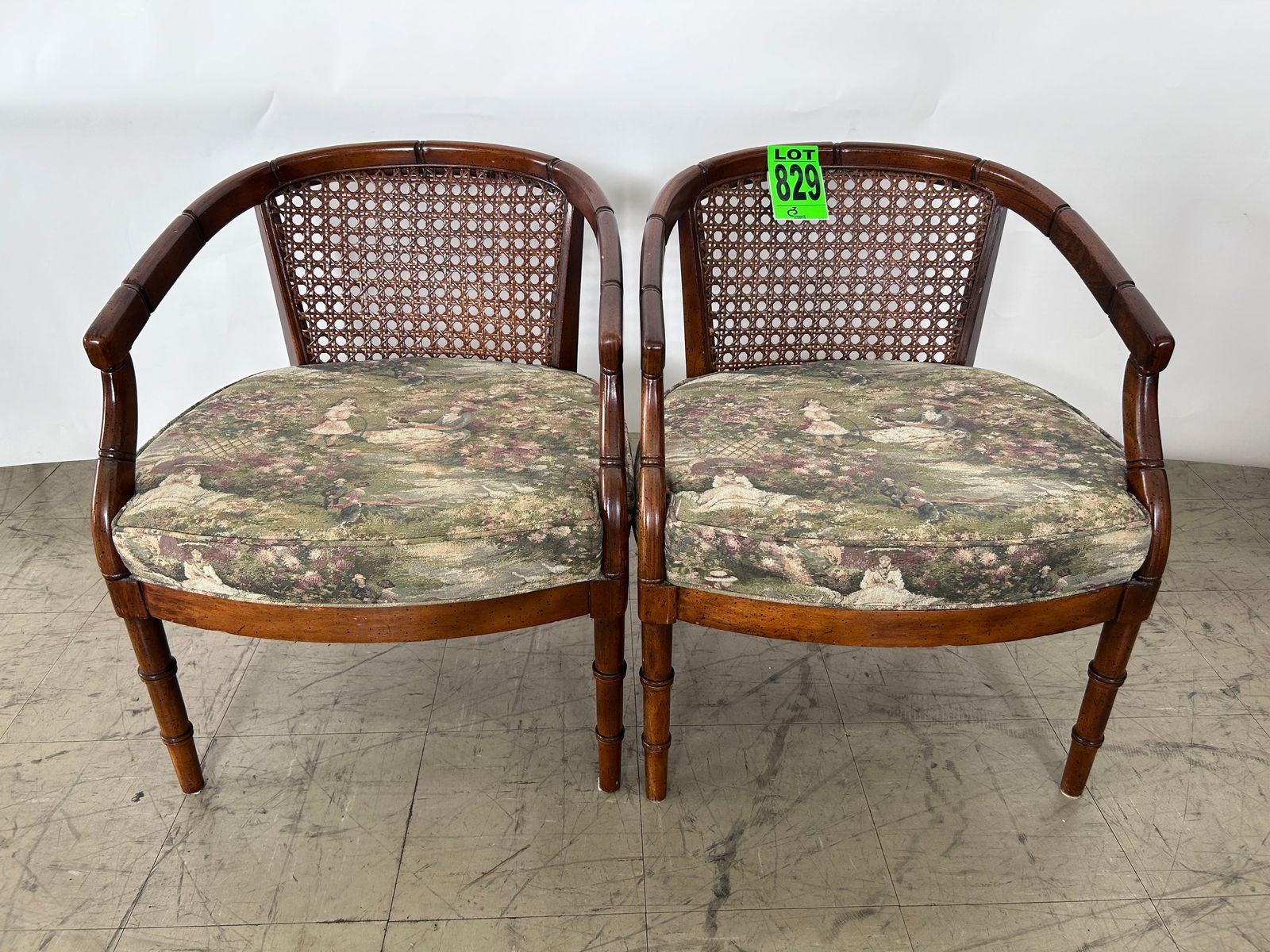(2) Mid-century floral fabric and wooden armchair: (2) Mid-century floral fabric and wooden armchair