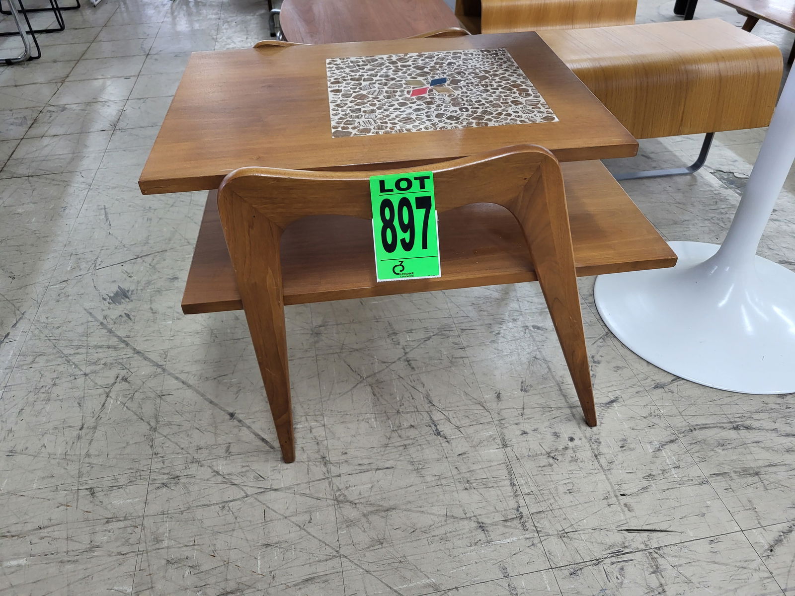Mid Century side table with tile accent: Mid Century side table with tile accent, 28"L x 18"W x 22"H