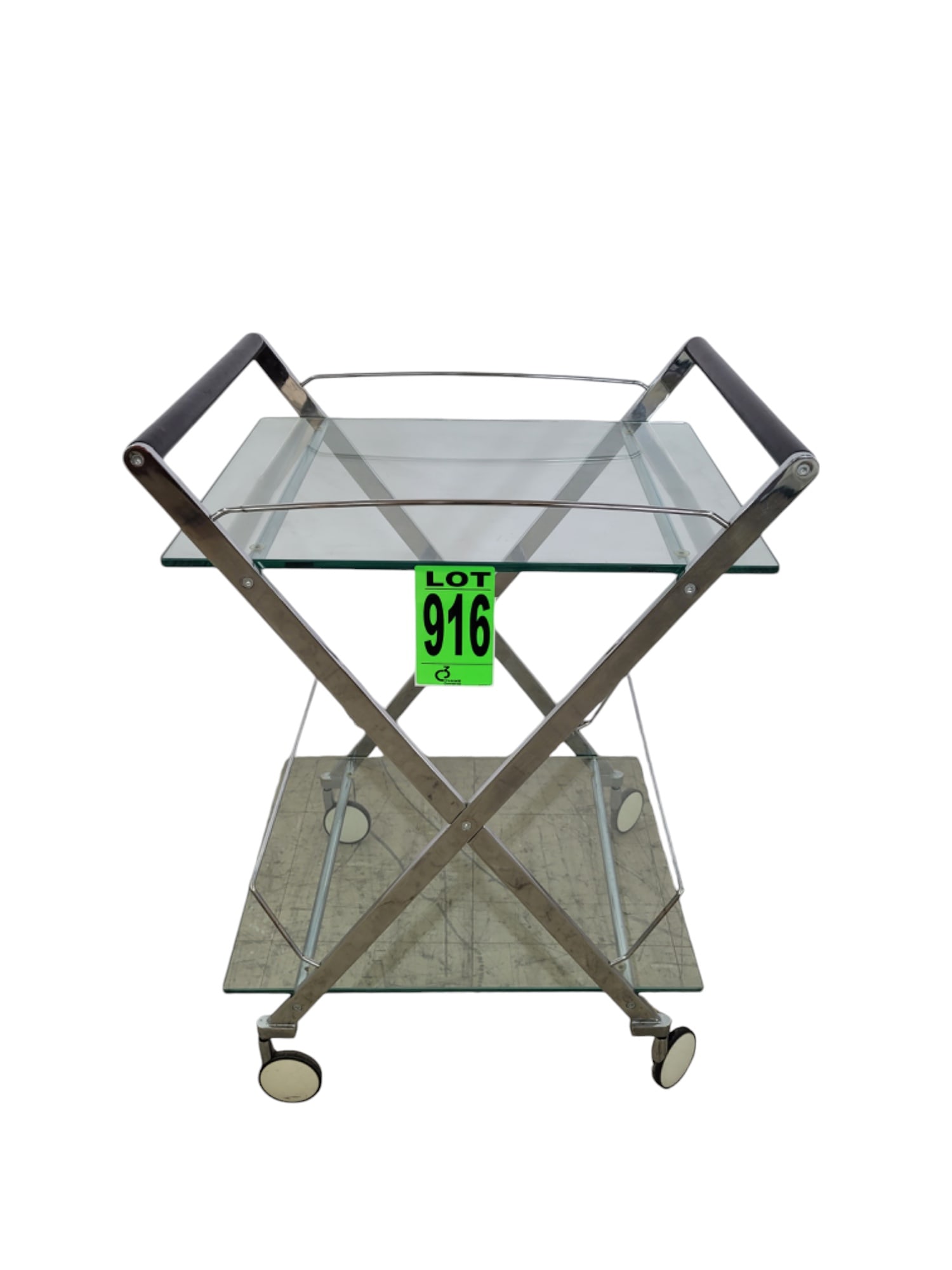 Glass bar cart on wheels with chrome finish : Glass bar cart on wheels with chrome finish