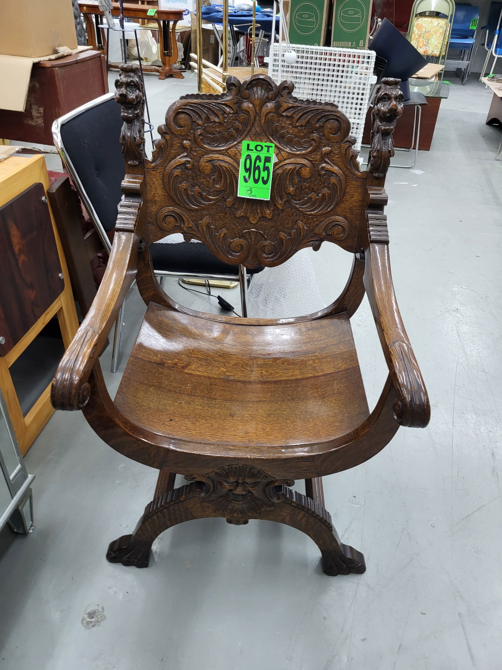 Antique RJ Horner Figural Oak Directors Curule Chair with Lions & Wind God, 1900 (1 of 3)