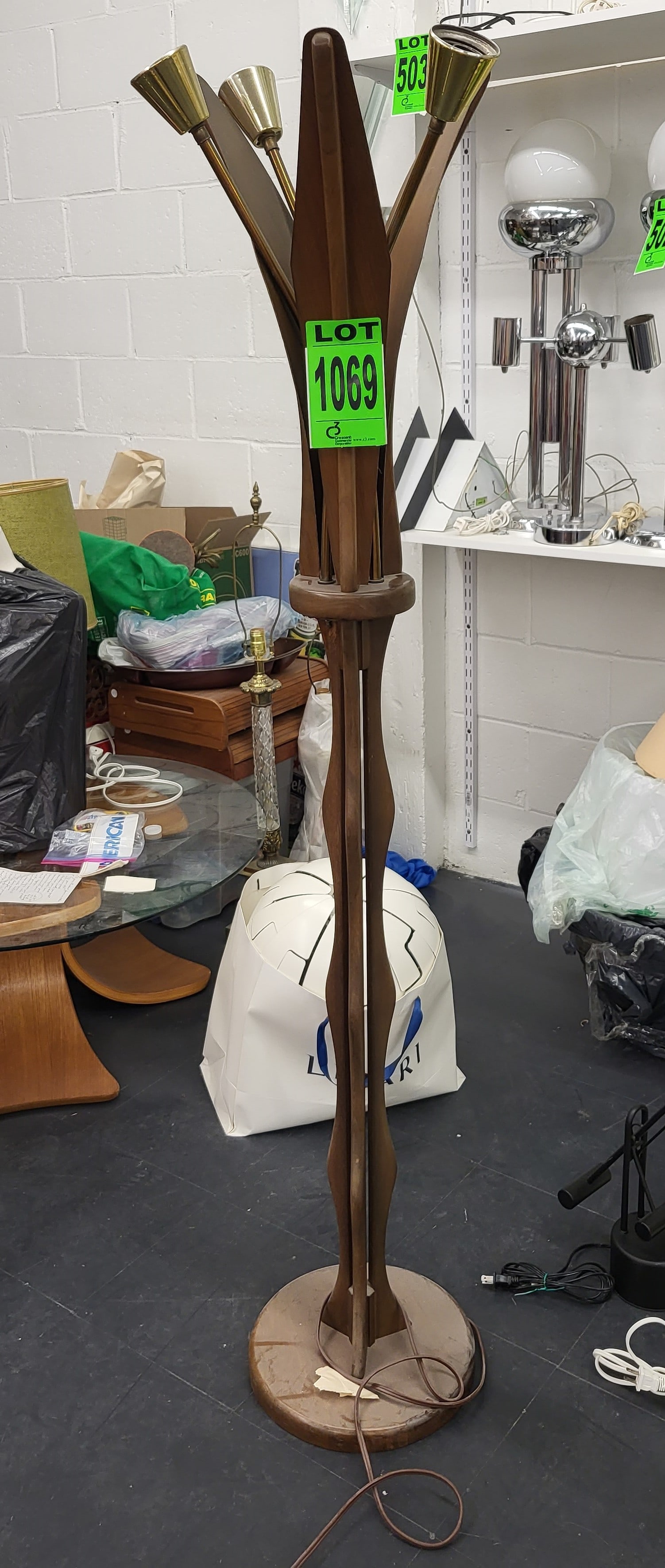 Floor Lamp, 4-lights, wood and brass finish (1 of 1)